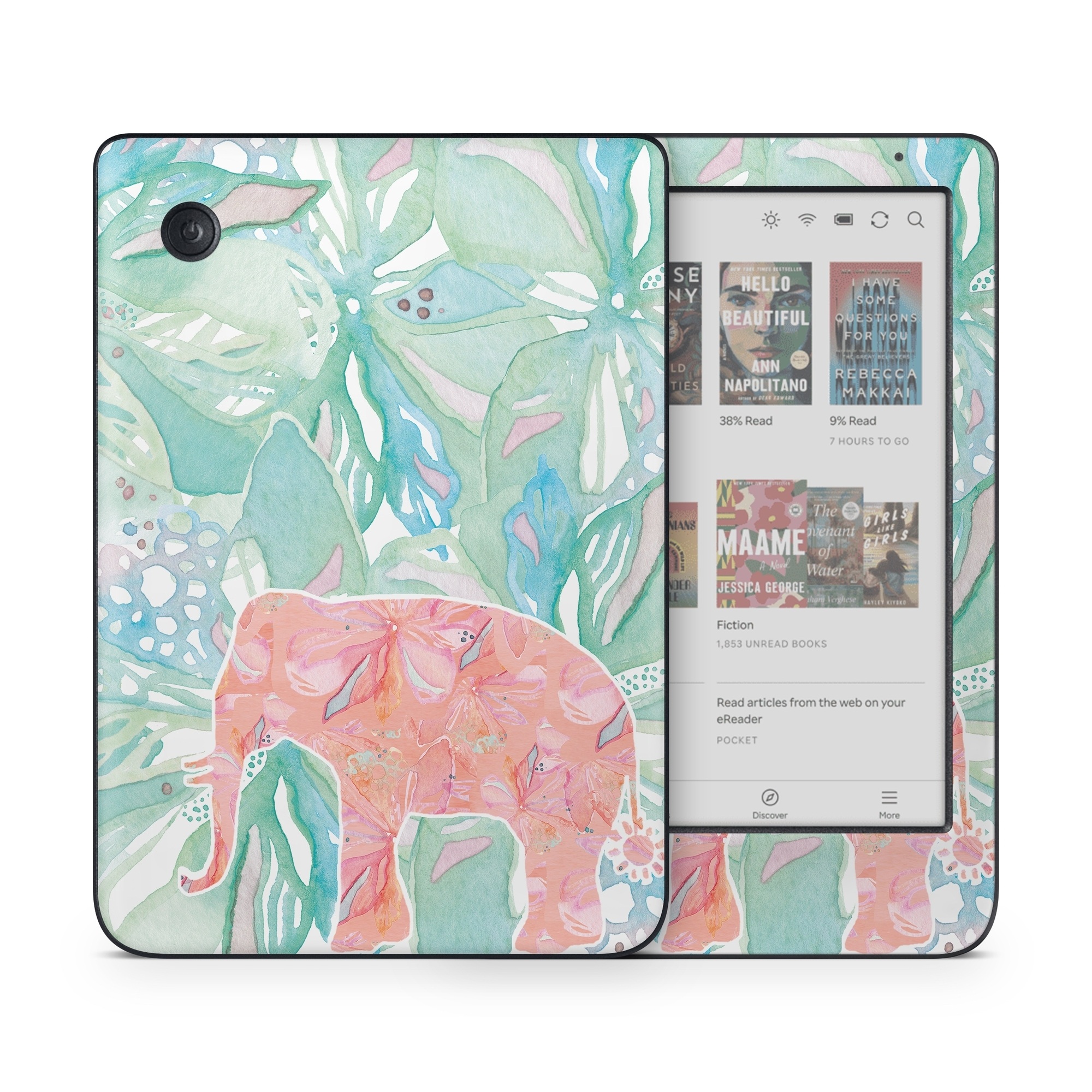 Kobo Clara Colour Skin design of Aqua, Turquoise, Pattern, Wrapping paper, Design, Illustration, Plant, Gift wrapping, Art, with blue, pink, white, green colors