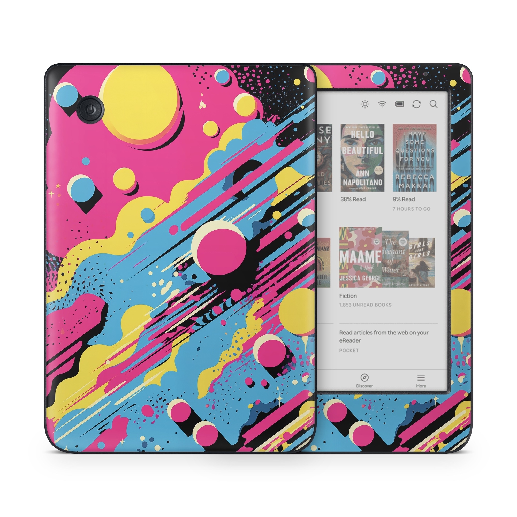 Kobo Clara Colour Skin design of Colorfulness, Paint, Art, Font, Line, Material property, Magenta, Pattern, Illustration, Circle, with pink, yellow, blue, black, white colors