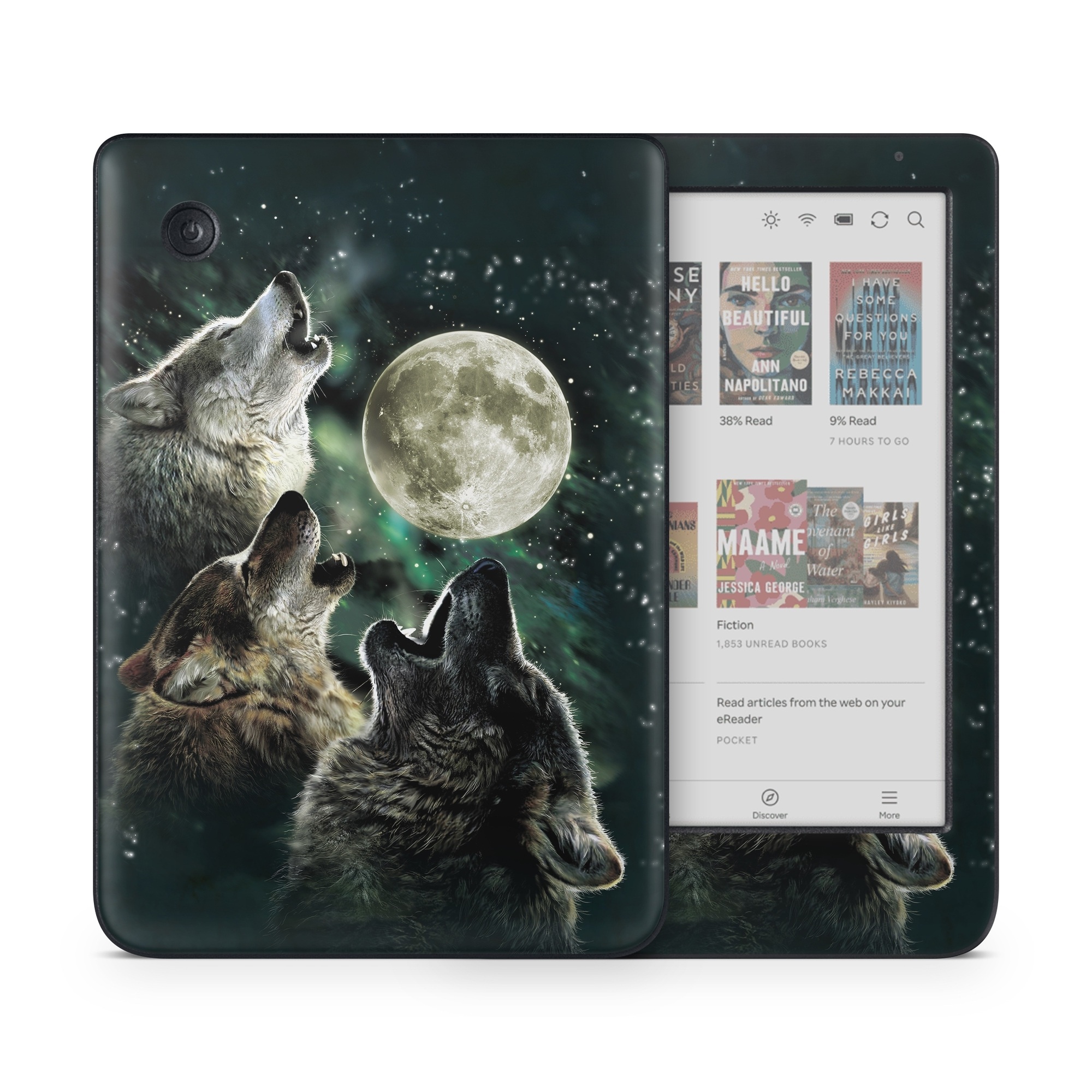 Kobo Clara Colour Skin design of Wolf, Light, Astronomical object, Moon, Wildlife, Organism, Moonlight, Sky, Atmosphere, Celestial event, with black, gray, green colors