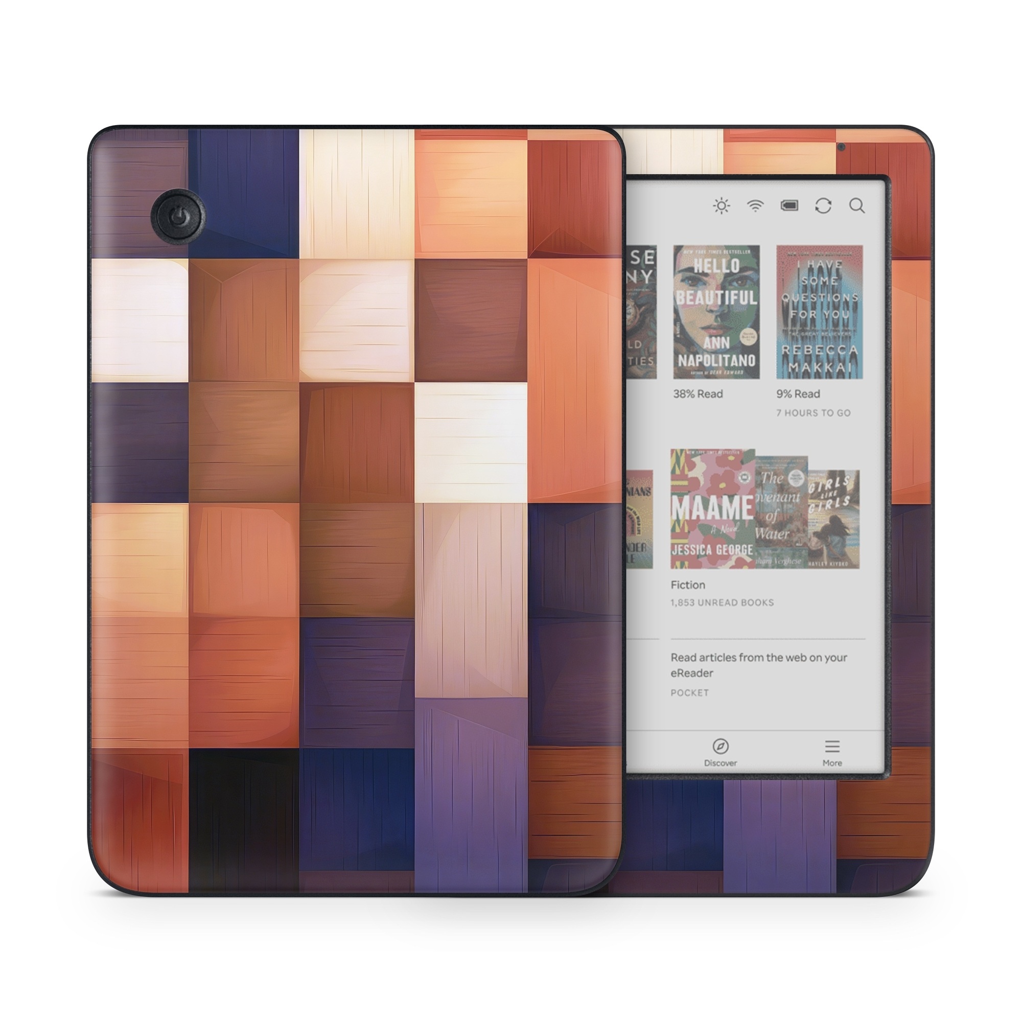 Kobo Clara Colour Skin design of Brown, Light, Rectangle, Product, Wood, Blue, Orange, Amber, Textile, Wood stain, with yellow, orange, red, black, brown, blue, purple colors