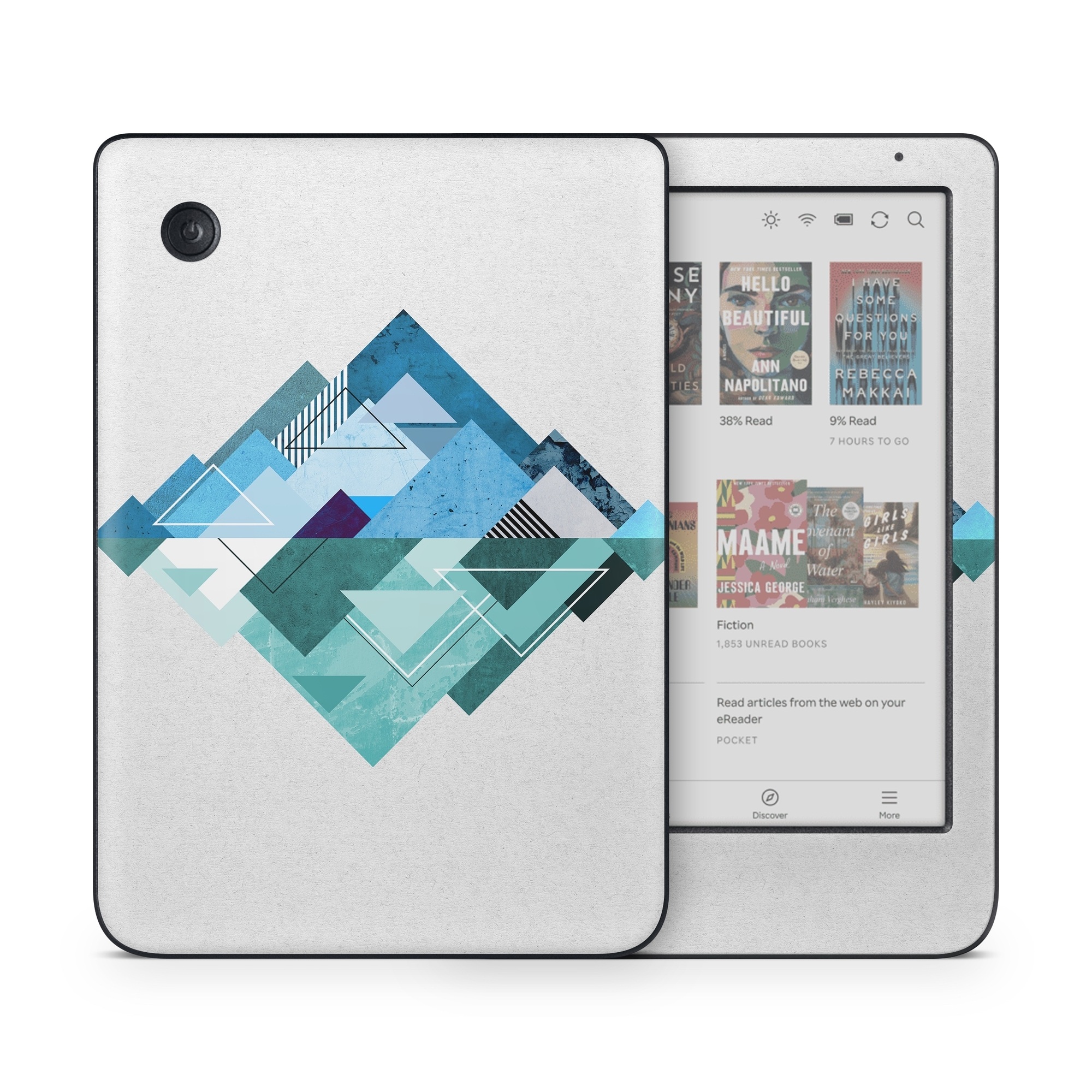 Kobo Clara Colour Skin design of Blue, Turquoise, Illustration, Graphic design, Design, Line, Logo, Triangle, Graphics, with gray, blue, purple colors