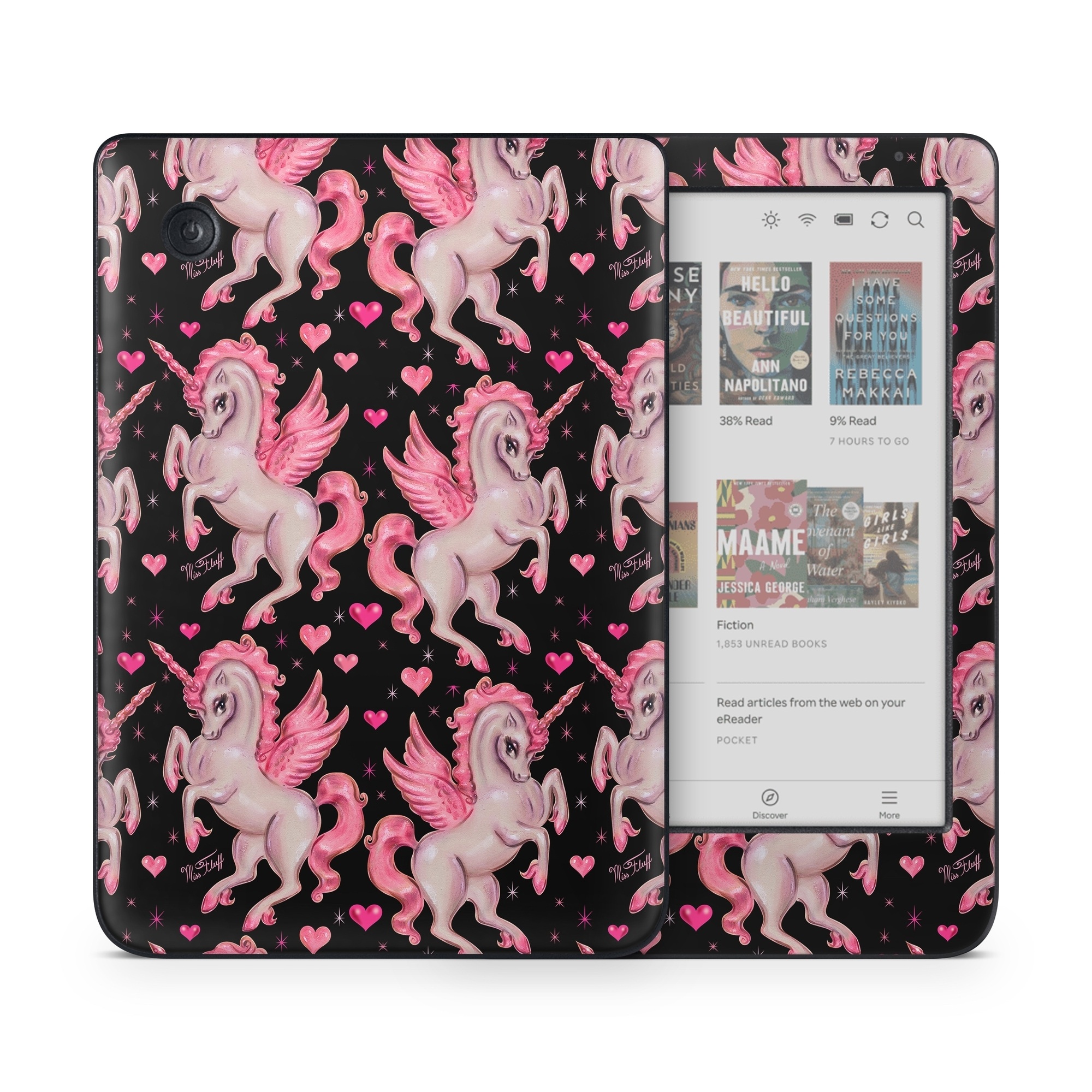 Kobo Clara Colour Skin design of Pink, Pattern, Fictional character, Design, Illustration, Font, Unicorn, Graphic design, Mythical creature, Art, with black, pink colors