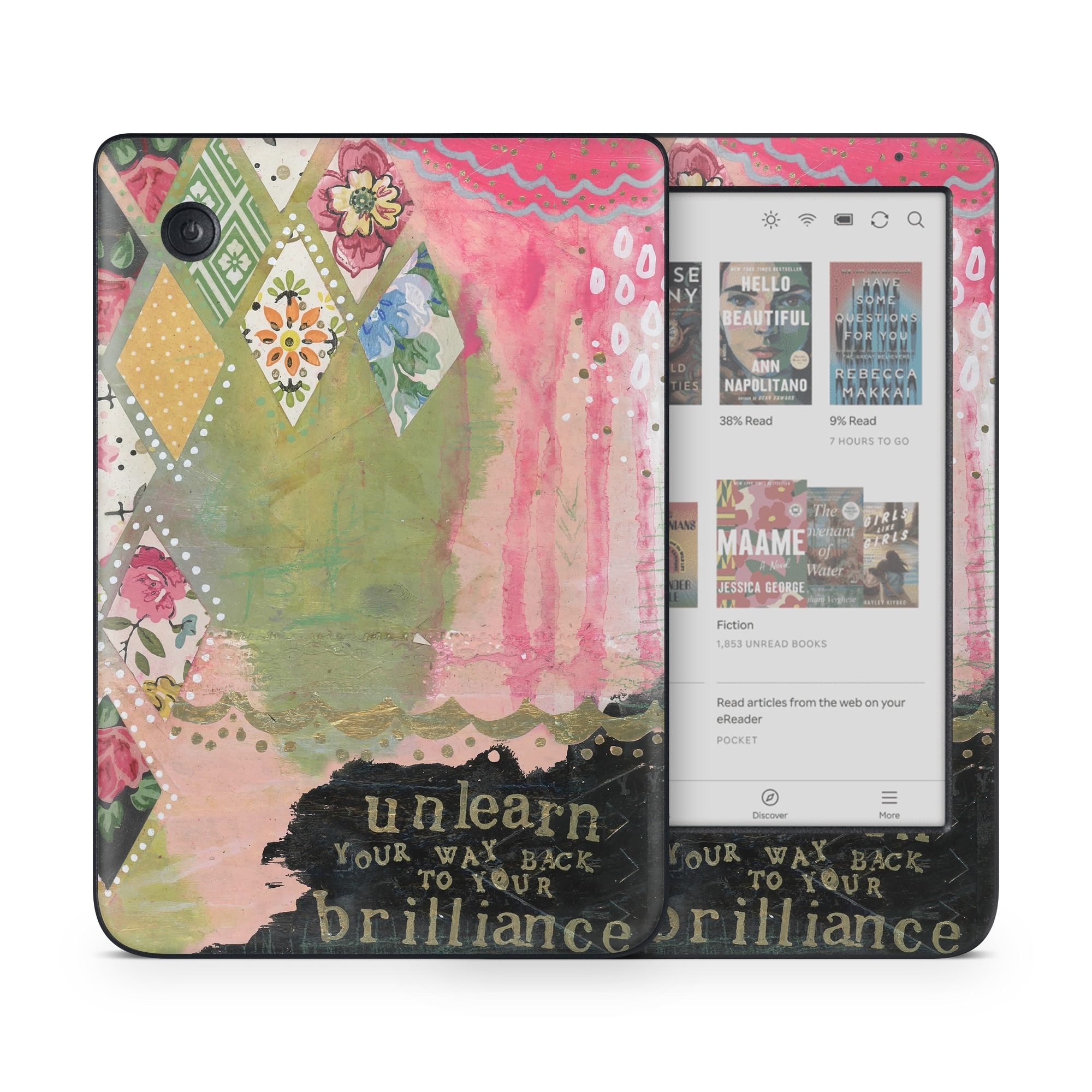 Kobo Clara Colour Skin design of Green, Pink, Textile, Pattern, Art, Visual arts, Magenta, Linens, Quilting, with red, pink, black, green colors