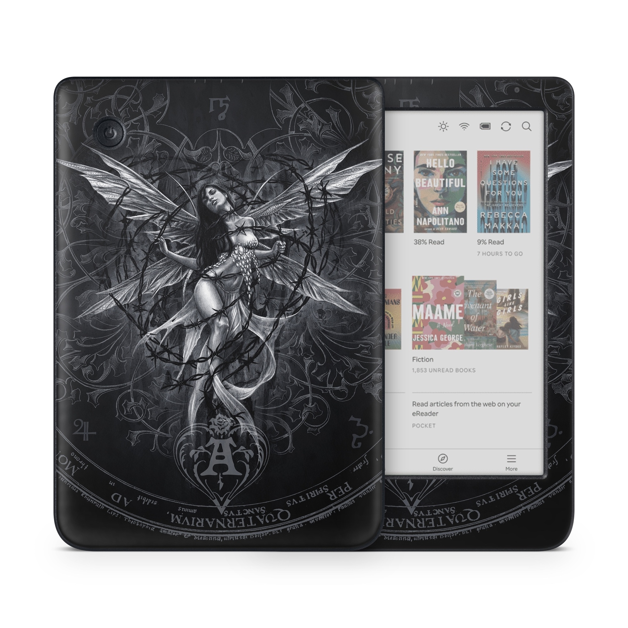 Kobo Clara Colour Skin design of Illustration, Graphic design, Darkness, Fictional character, Black-and-white, Pattern, Graphics, Mythical creature, Circle, Wing, with black, white colors