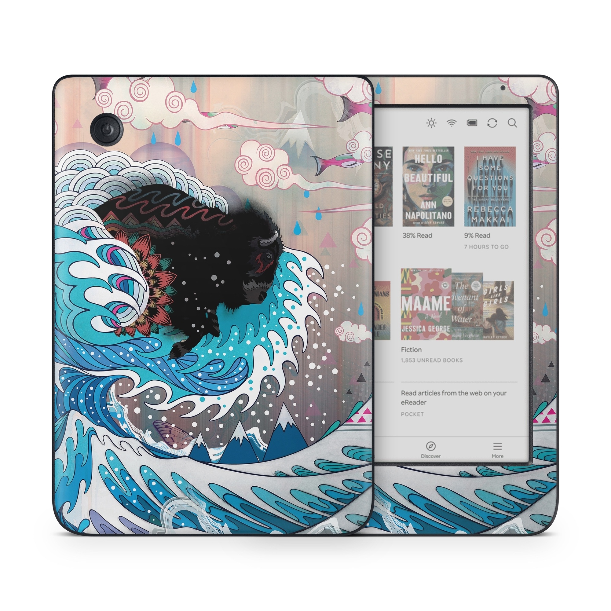 Kobo Clara Colour Skin design of Blue, Turquoise, Illustration, Aqua, Graphic design, Pattern, Art, Design, Graphics, Visual arts, with gray, blue, black, pink, white colors