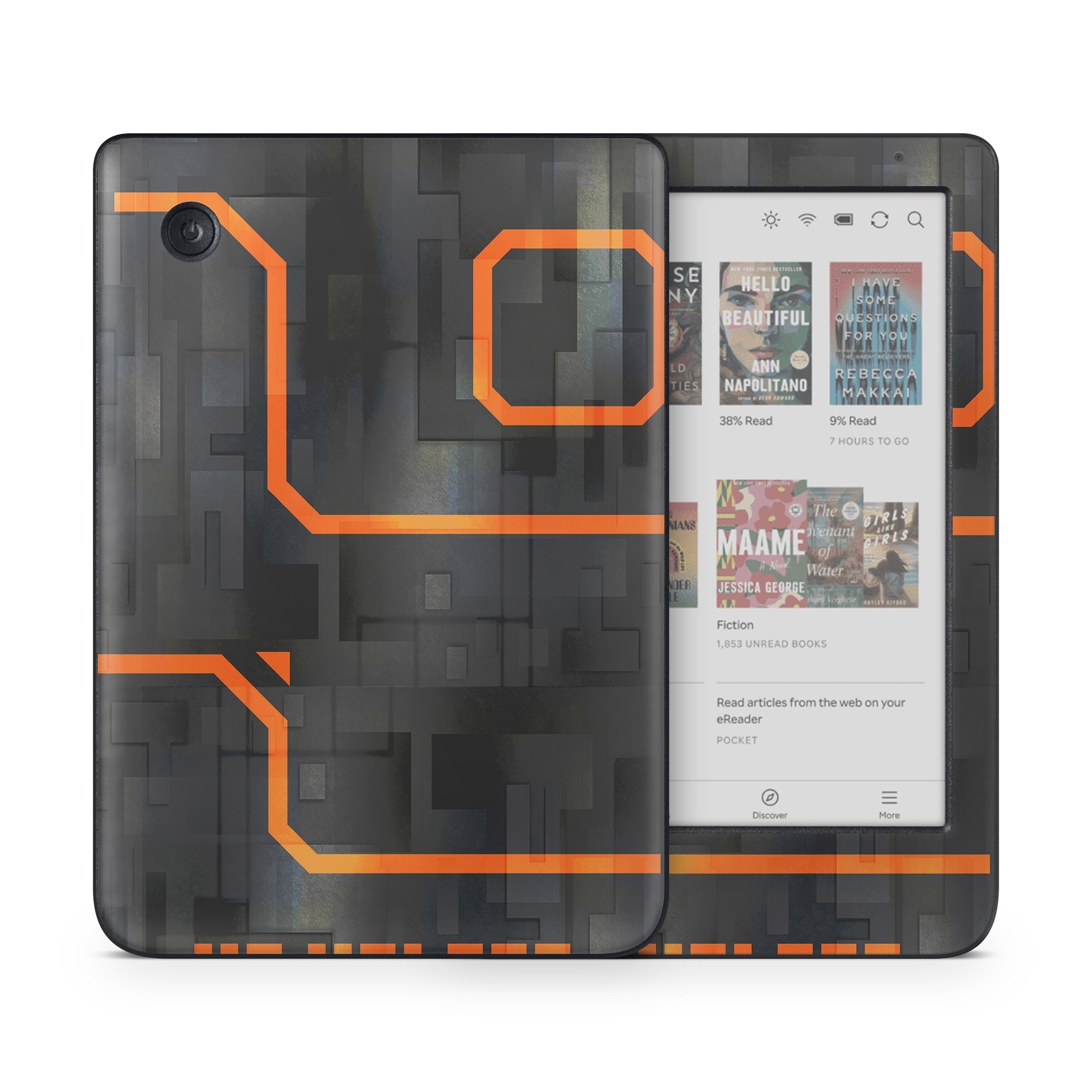 Kobo Clara Colour Skin design of Orange, Font, Parallel, Pattern, Graphics, Rectangle, Logo, Brand, Graphic design, Event, with black, orange colors