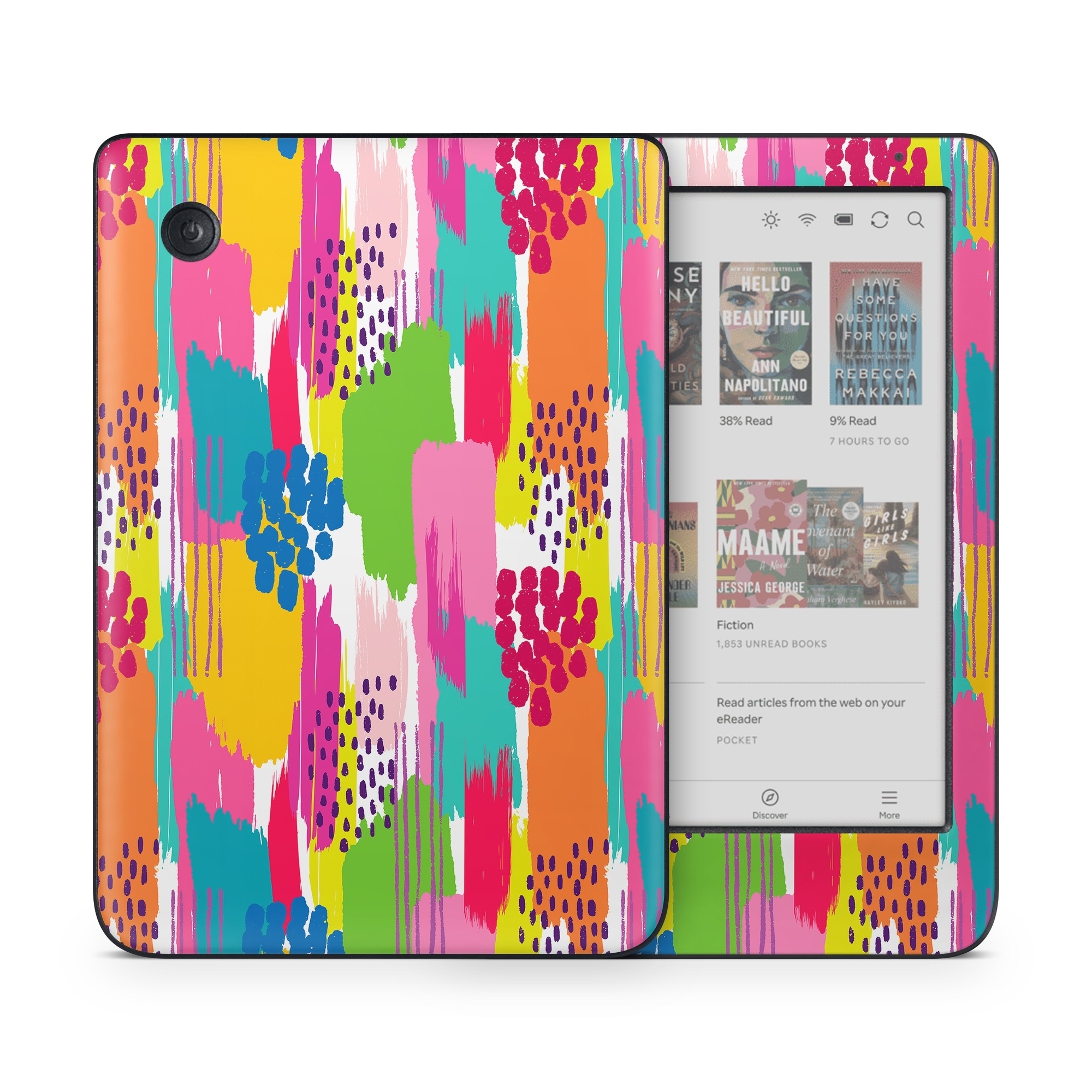 Kobo Clara Colour Skin design of Colorfulness, Textile, Rectangle, Font, Line, Painting, Art, Magenta, Material property, Pattern, with white, pink, yellow, orange, blue, red colors