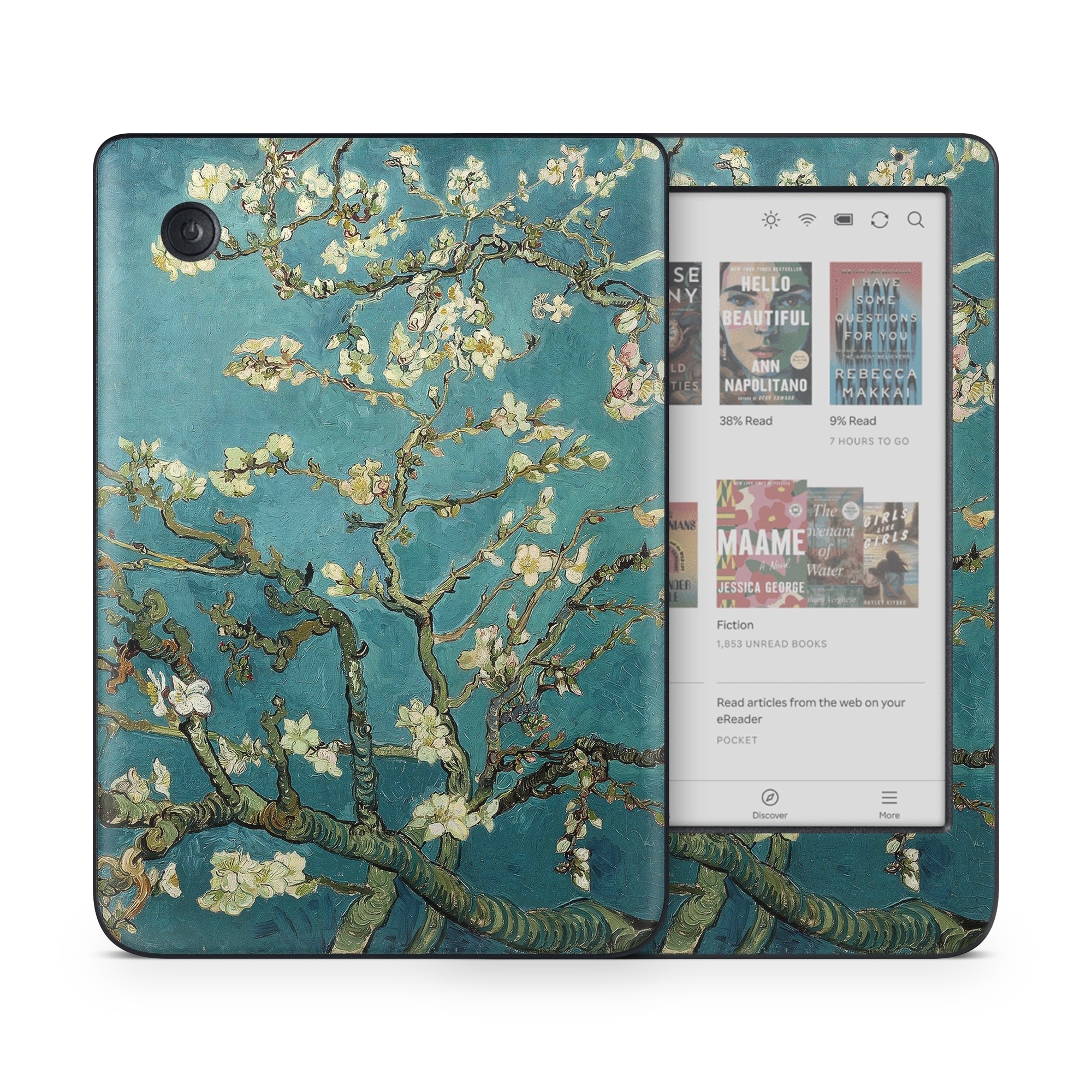 Kobo Clara Colour Skin design of Tree, Branch, Plant, Flower, Blossom, Spring, Woody plant, Perennial plant, with blue, black, gray, green colors