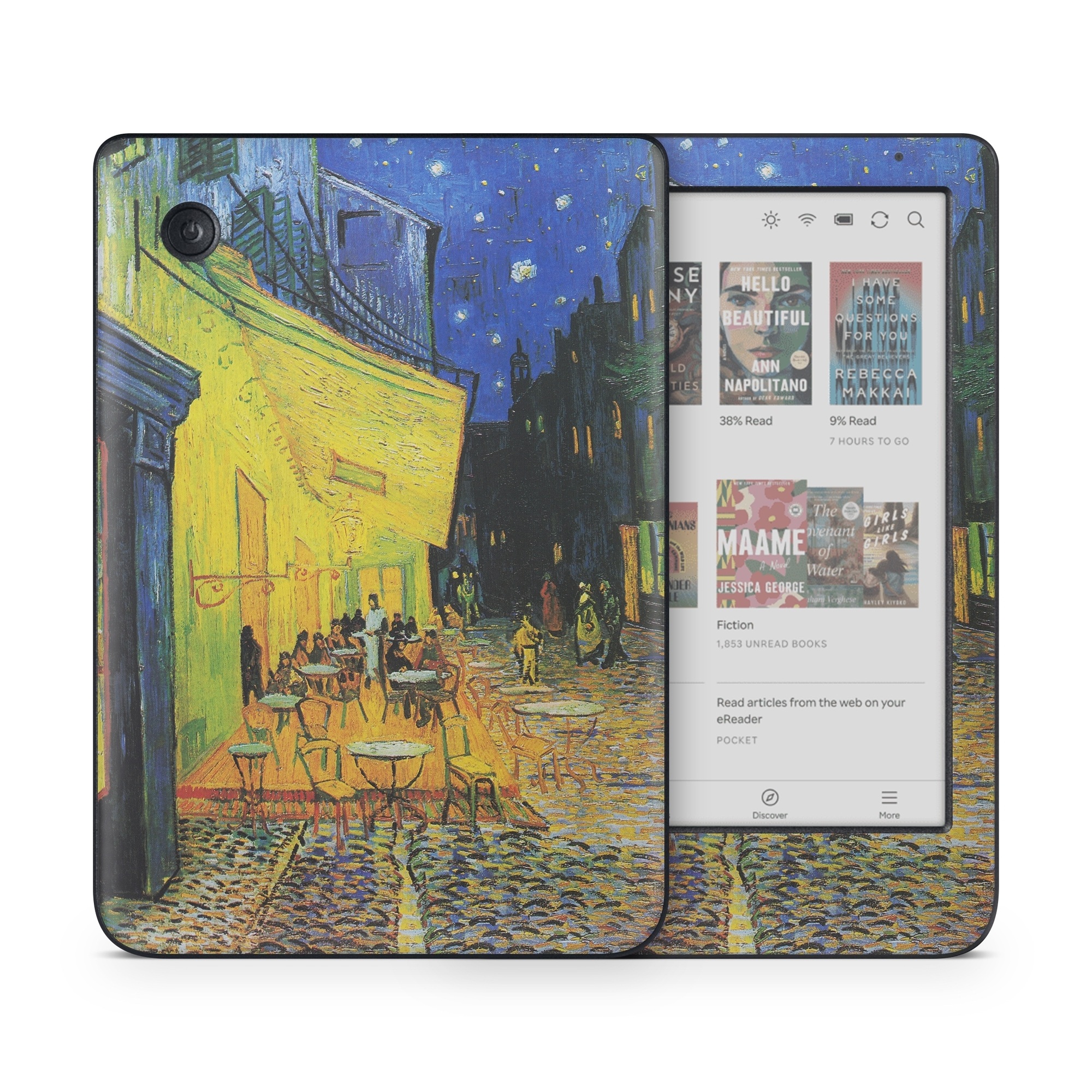 Kobo Clara Colour Skin design of Painting, Art, Yellow, Watercolor paint, Illustration, Modern art, Visual arts, Street, Infrastructure, Tree, with green, black, blue, gray, red colors