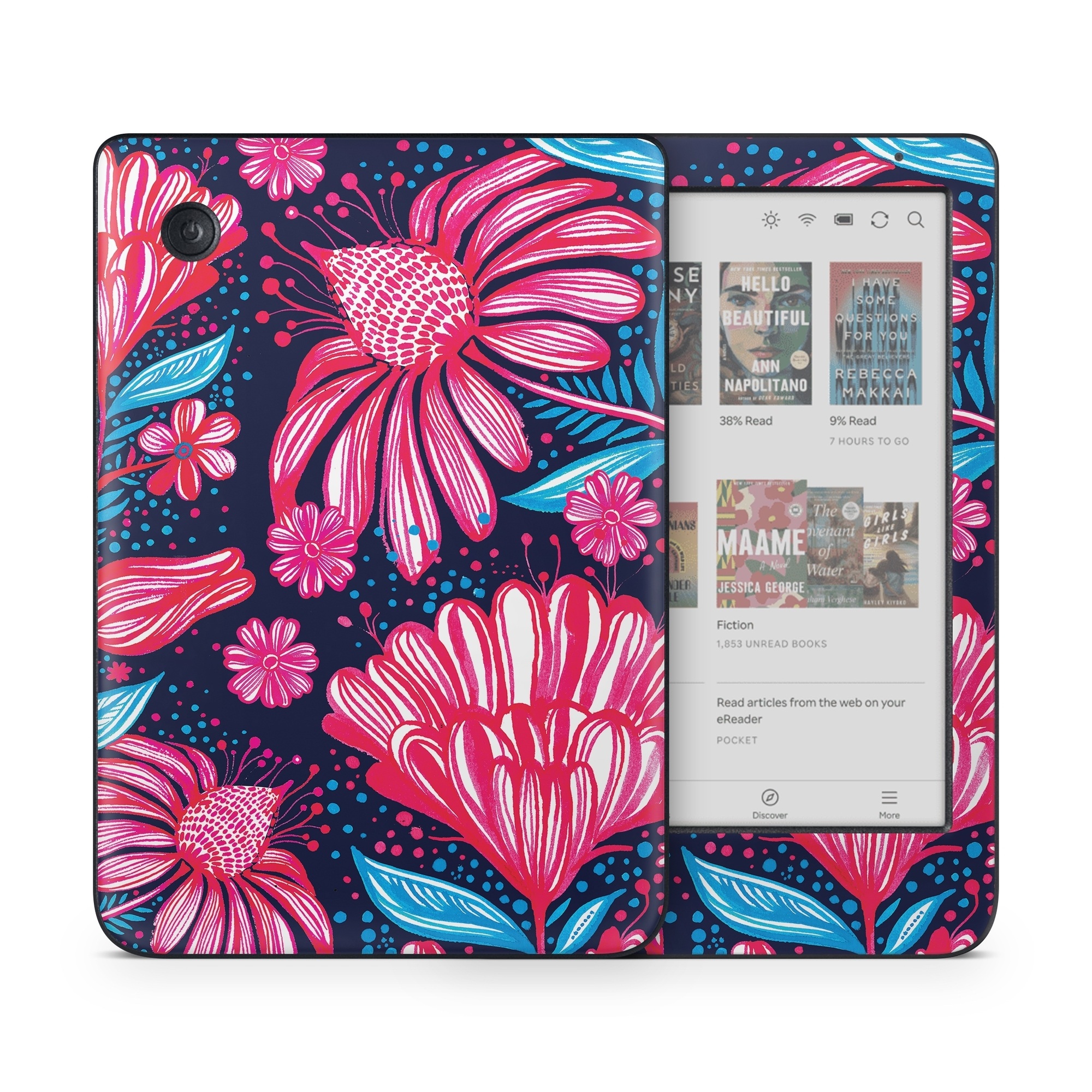 Kobo Clara Colour Skin design of Pattern, Red, Pink, Floral design, Textile, Design, Flower, Plant, Petal, with black, white, red, blue, pink colors