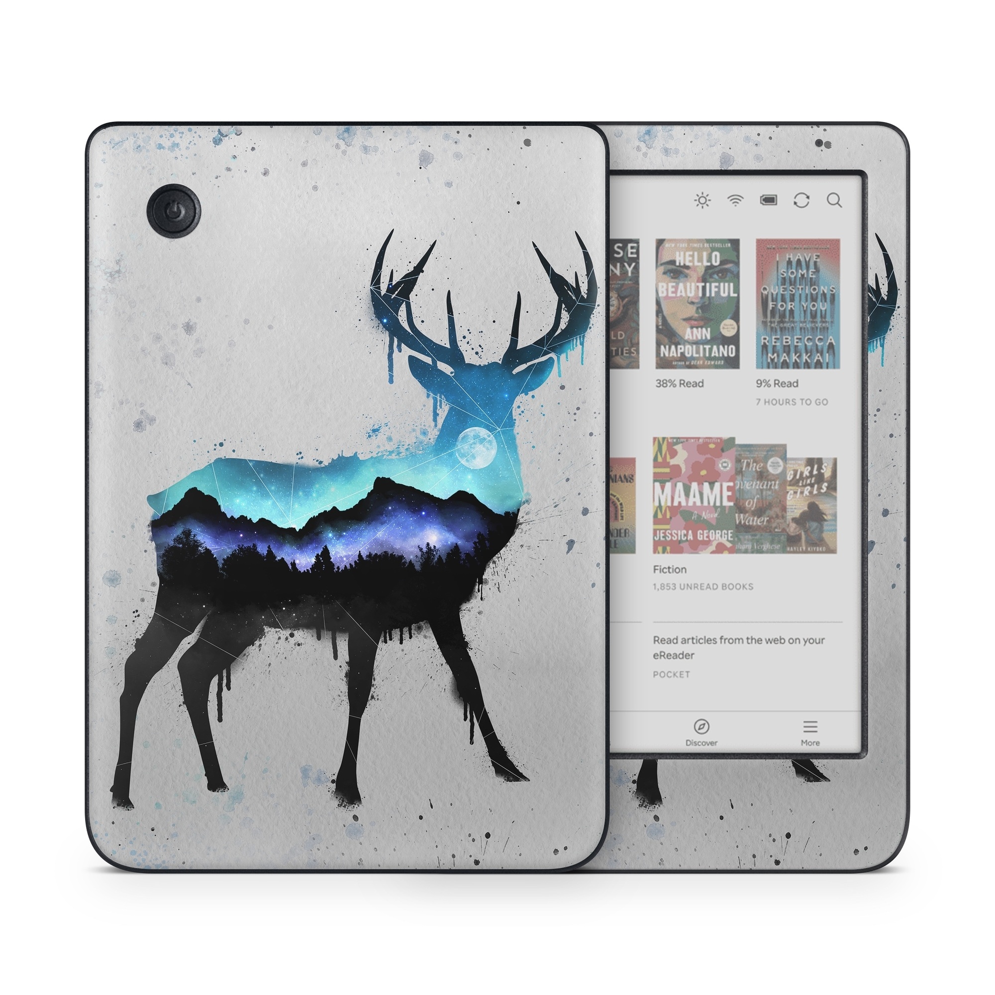 Kobo Clara Colour Skin design of Reindeer, Deer, Illustration, Watercolor paint, Art, Elk, Wildlife, Drawing, Paint, Graphics, with gray, black, blue, purple, white colors