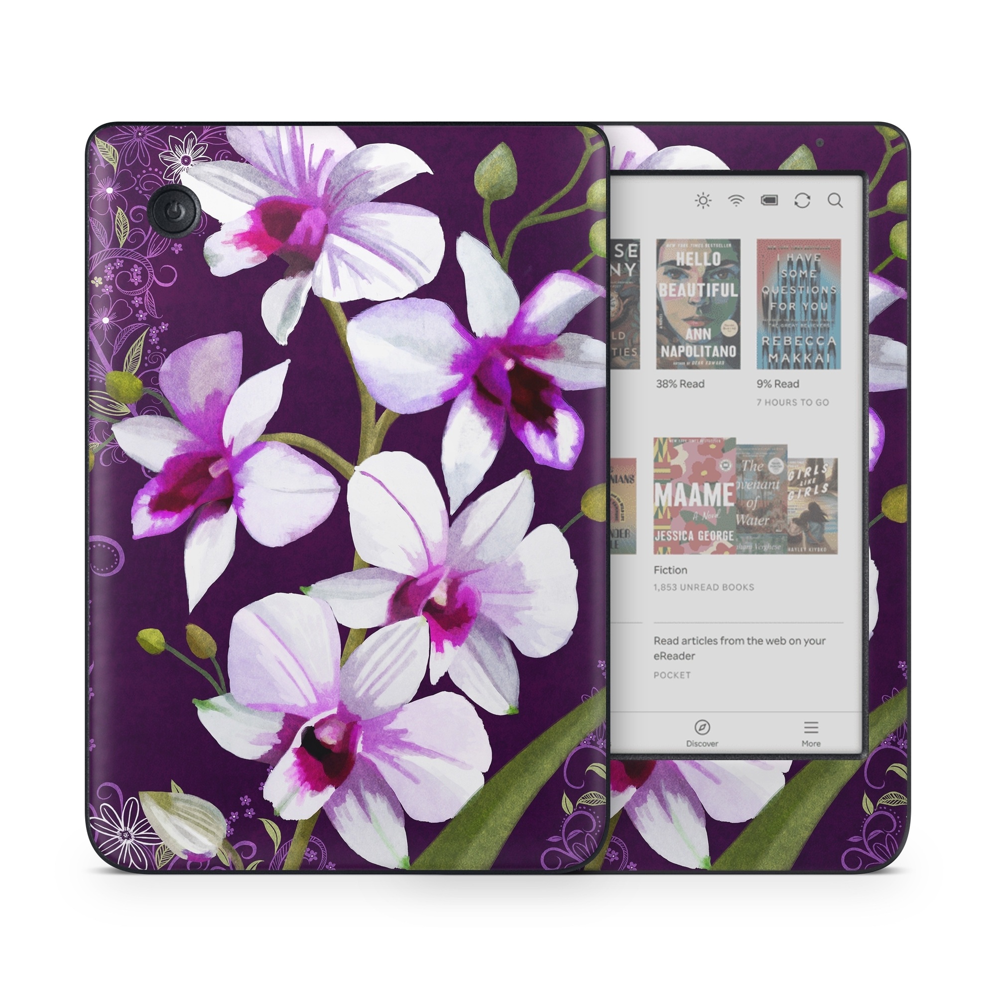 Kobo Clara Colour Skin design of Flower, Purple, Petal, Violet, Lilac, Plant, Flowering plant, cooktown orchid, Botany, Wildflower, with black, gray, white, purple, pink colors