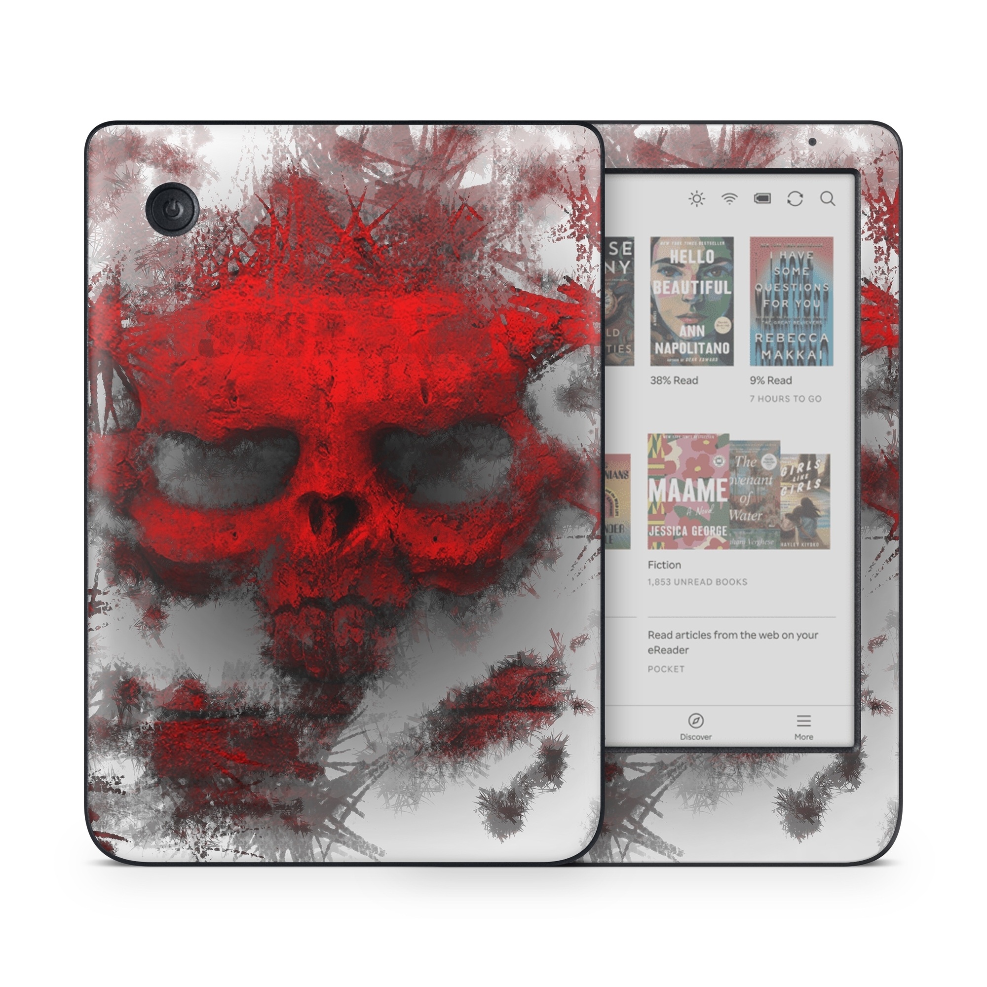 Kobo Clara Colour Skin design of Red, Graphic design, Skull, Illustration, Bone, Graphics, Art, Fictional character, with red, gray, black, white colors