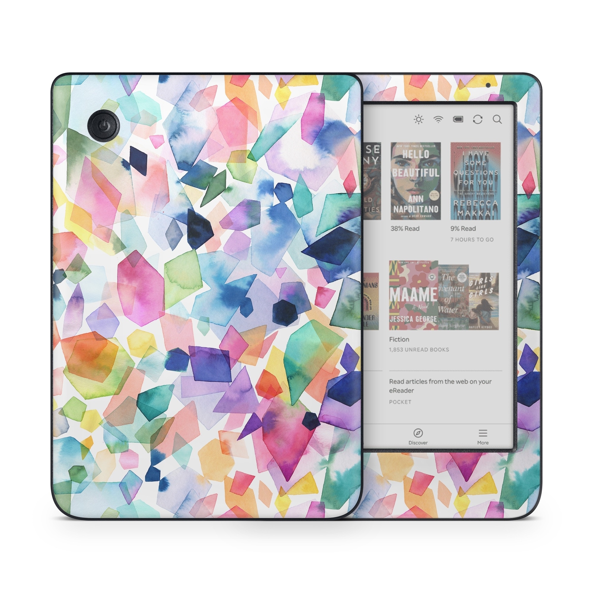 Kobo Clara Colour Skin design of Colorfulness, Azure, Triangle, Art, Font, Line, Aqua, Material property, Creative arts, Symmetry, with white, blue, green, red, pink, orange, yellow, purple colors