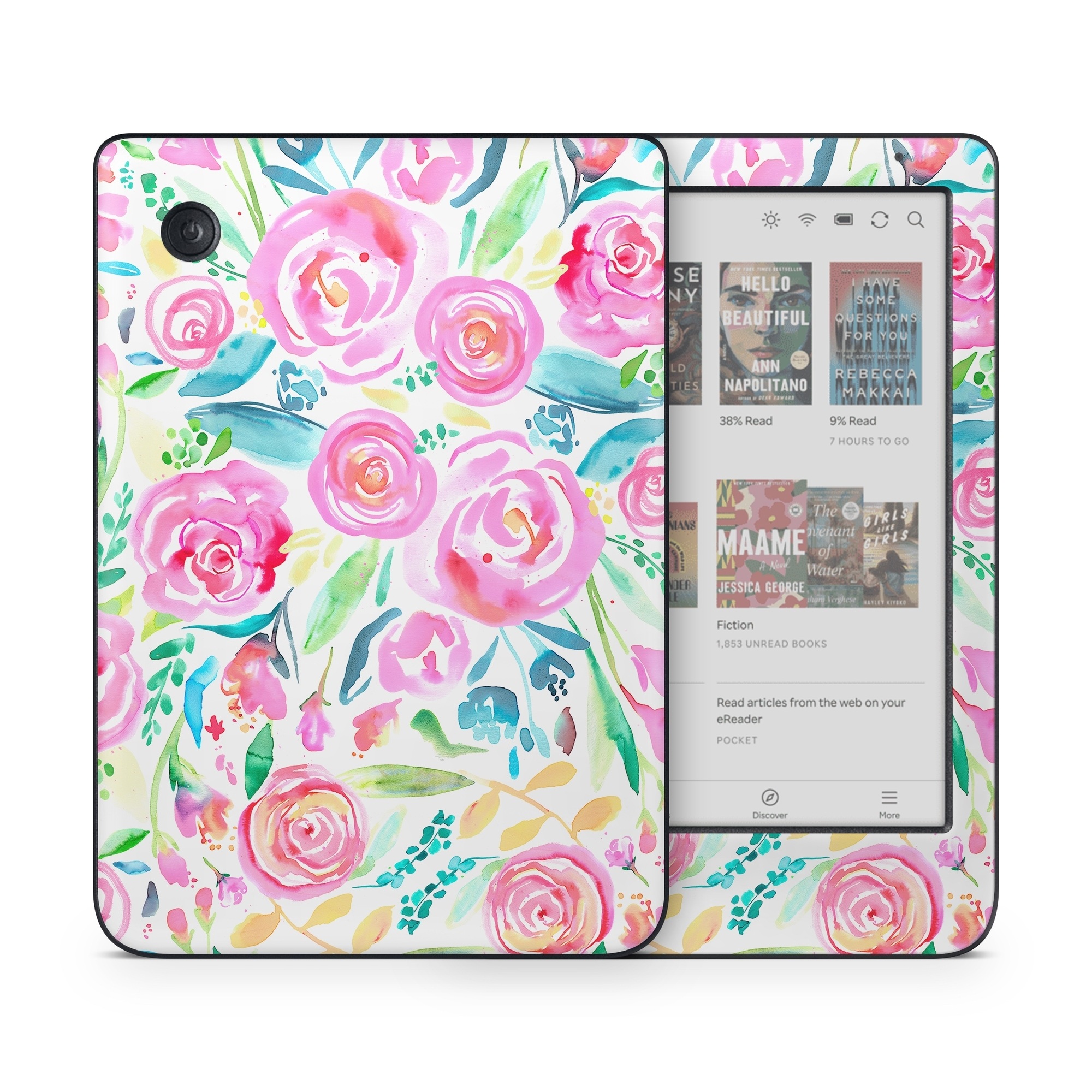 Kobo Clara Colour Skin design of Flower, Plant, Petal, Pink, Art, Material property, Magenta, Flowering plant, Pattern, Rose family, with white, pink, green, blue, yellow colors
