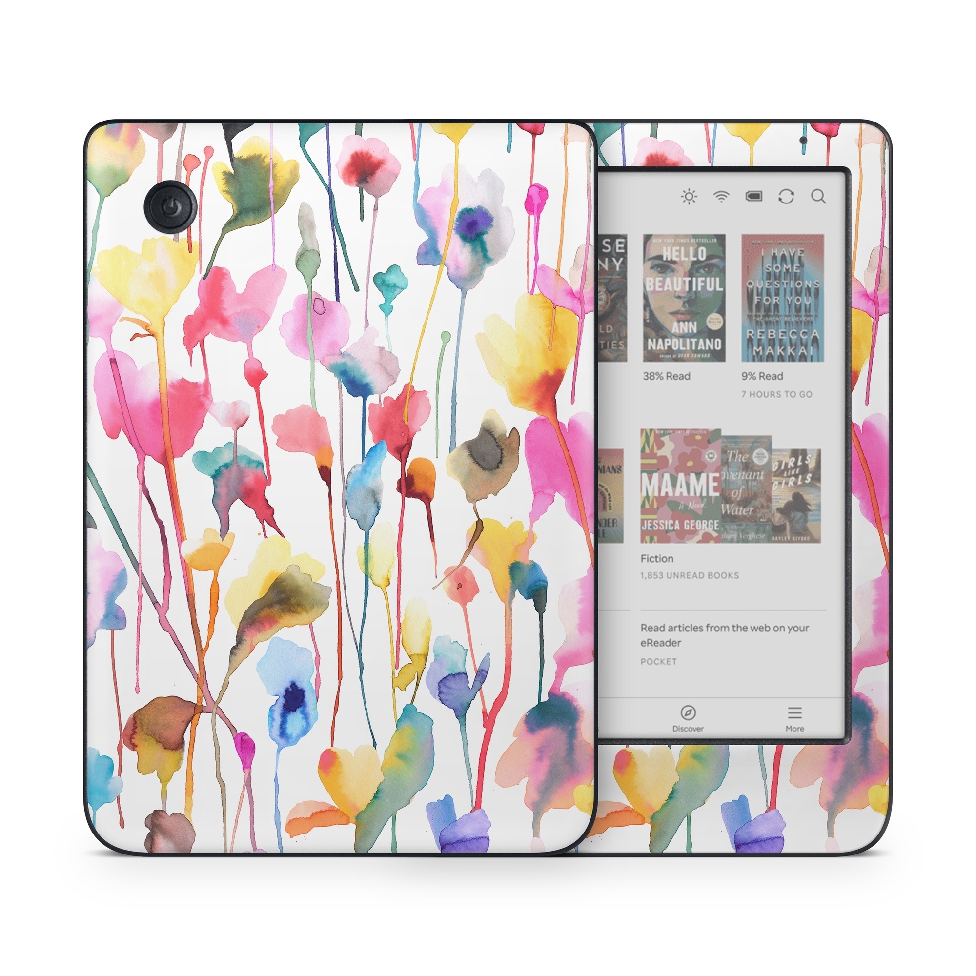 Kobo Clara Colour Skin design of Plant, Petal, Art, Font, Pattern, Automotive wheel system, Event, Visual arts, Party supply, Pole, with white, red, pink, yellow, orange, green, blue, purple colors