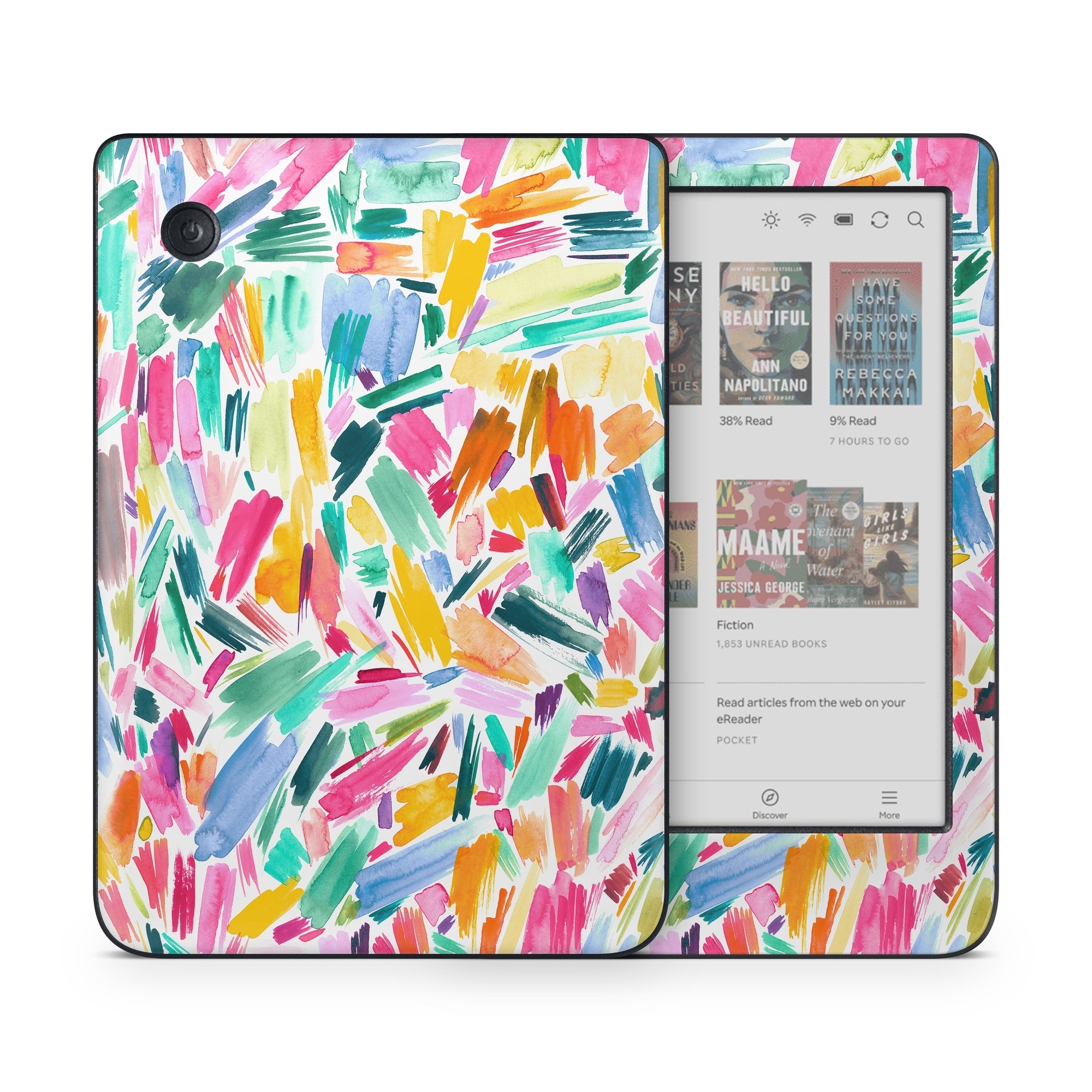 Kobo Clara Colour Skin design of Colorfulness, Art, Triangle, Pattern, Painting, Symmetry, Creative arts, Paint, Electric blue, Art paint, with white, pink, blue, yellow, orange, red, green, gray colors