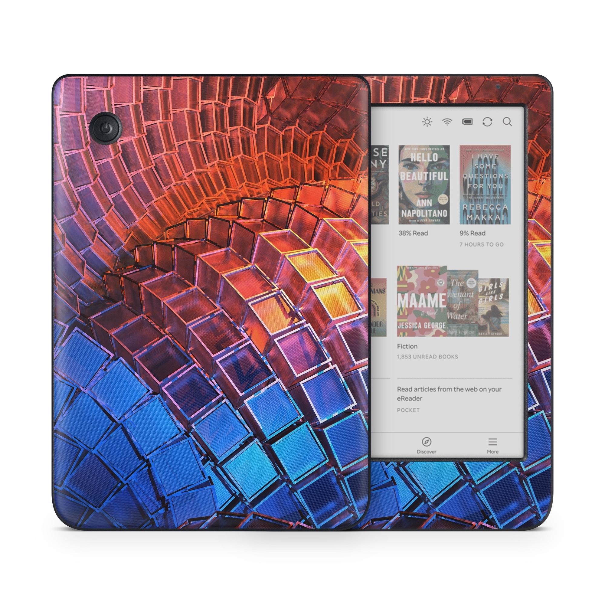 Kobo Clara Colour Skin design of Blue, Red, Orange, Light, Pattern, Architecture, Design, Fractal art, Colorfulness, Psychedelic art, with black, red, blue, purple, gray colors