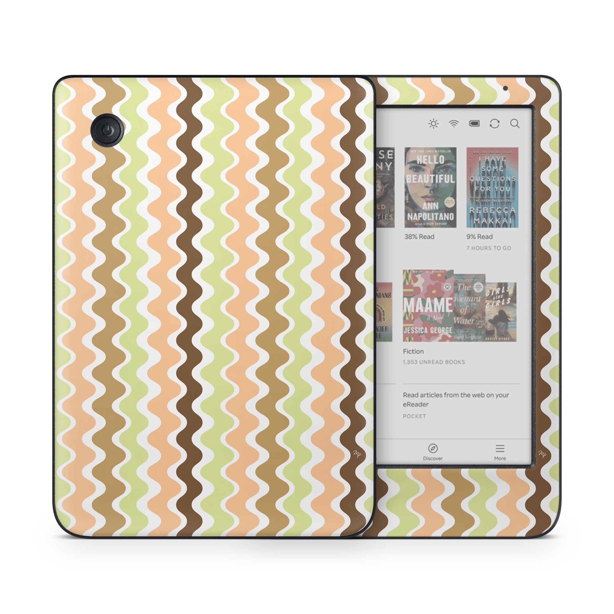 Kobo Clara Colour Skin design of Textile, Rectangle, Font, Pink, Aqua, Symmetry, Material property, Circle, Art, Pattern, with white, brown, green, orange colors