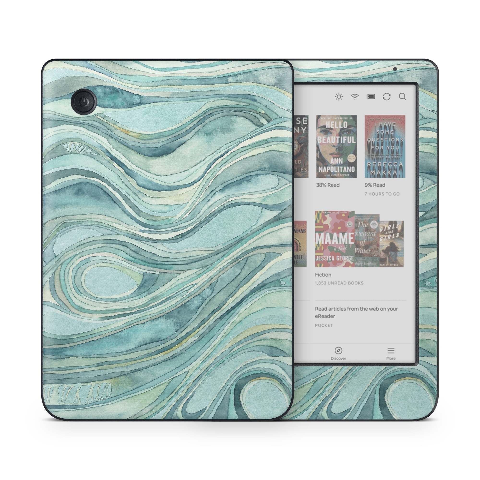 Kobo Clara Colour Skin design of Aqua, Blue, Pattern, Turquoise, Teal, Water, Design, Line, Wave, Textile, with gray, blue colors