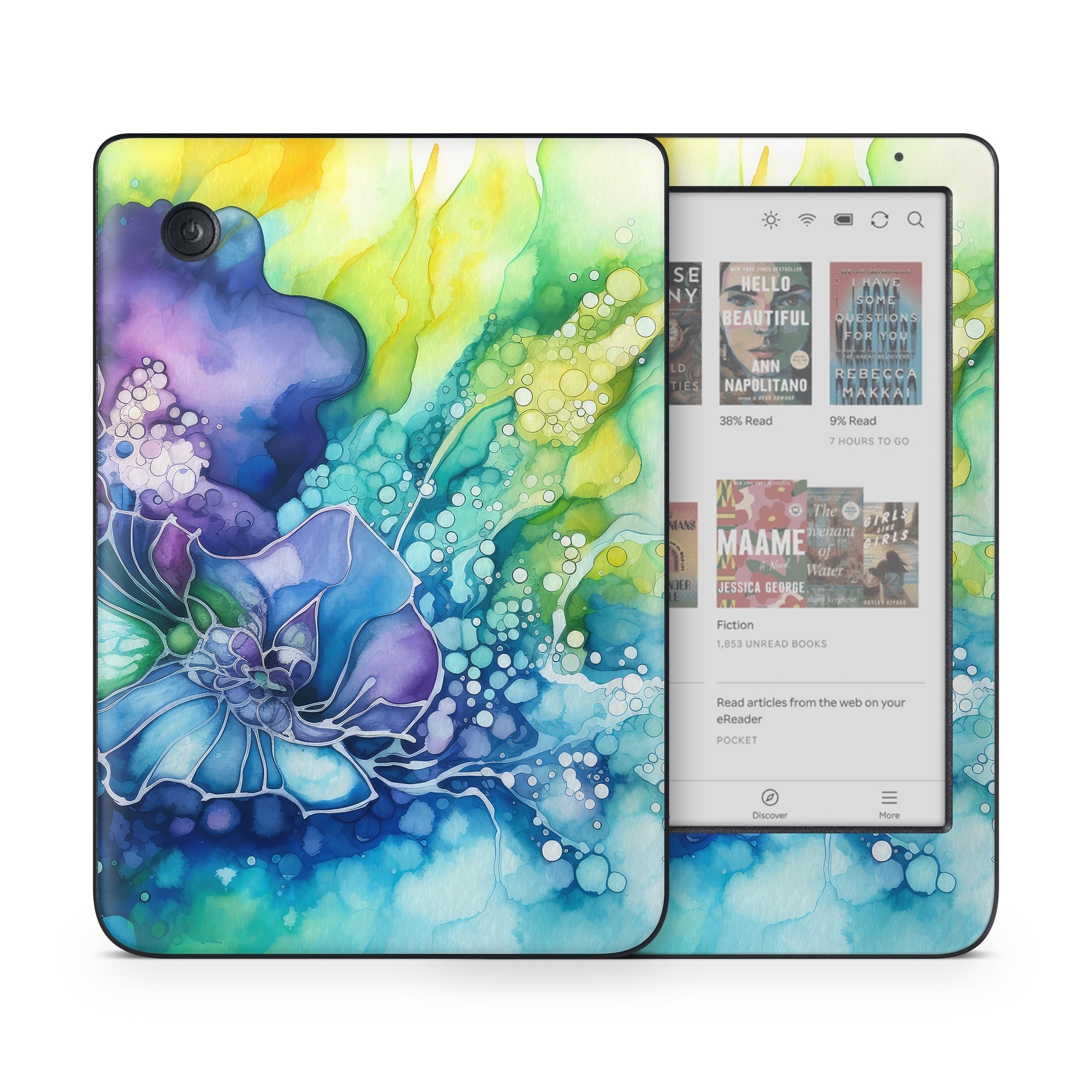Kobo Clara Colour Skin design of Flower, Plant, Art paint, Petal, Blue, Azure, Purple, Art, Paint, Painting, with blue, yellow, green, purple, white, orange colors