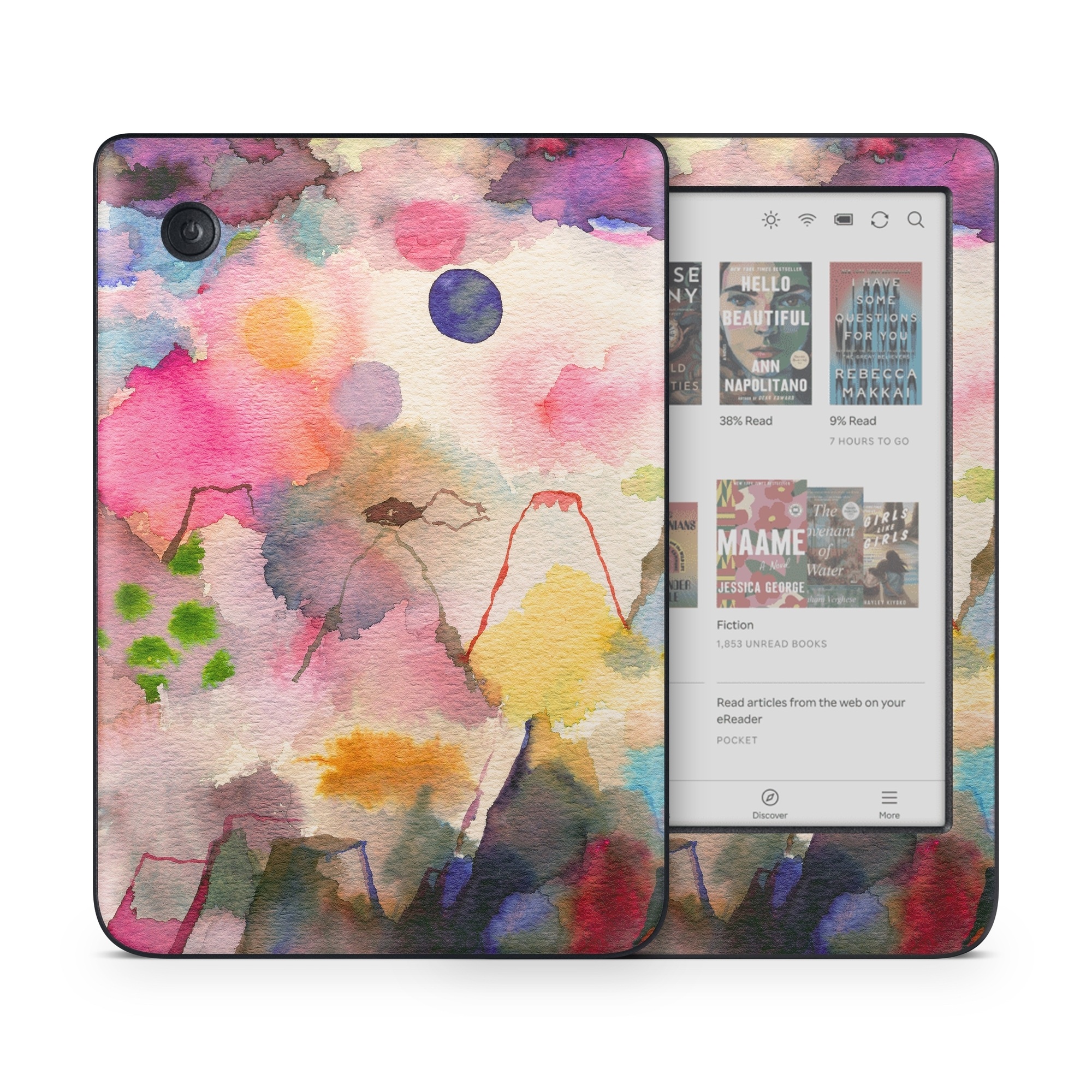 Kobo Clara Colour Skin design of Watercolor paint, Flower, Textile, Painting, Art, Plant, Pattern, Visual arts, Floral design, Paint, with white, pink, red, yellow, green, blue, black, orange colors