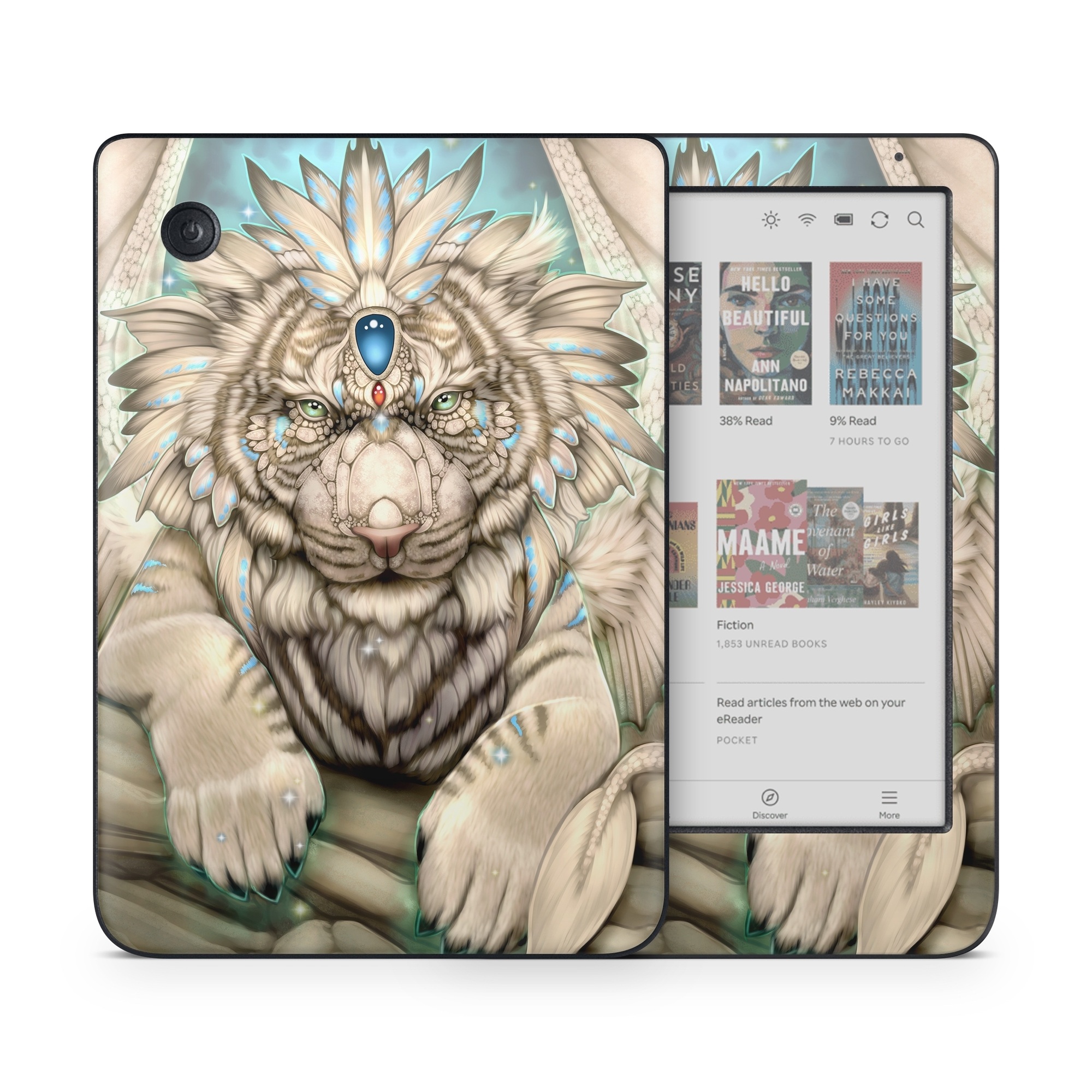 Kobo Clara Colour Skin design of Mythical creature, Sleeve, Textile, Gesture, Felidae, Tattoo, Big cats, Font, Temporary tattoo, Painting, with white, blue, black, gray colors