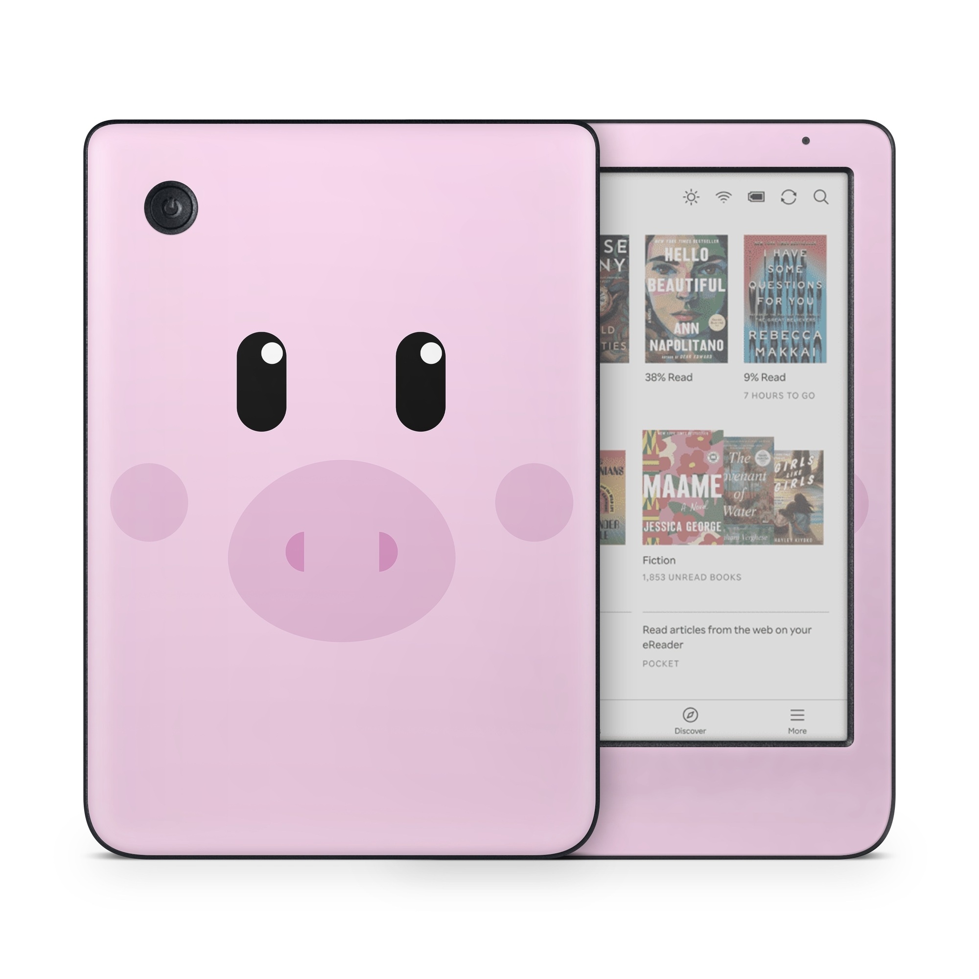 Kobo Clara Colour Skin design of Pink, Cartoon, Violet, Nose, Purple, Snout, Suidae, Material property, Illustration, Animation, with pink, black, white colors