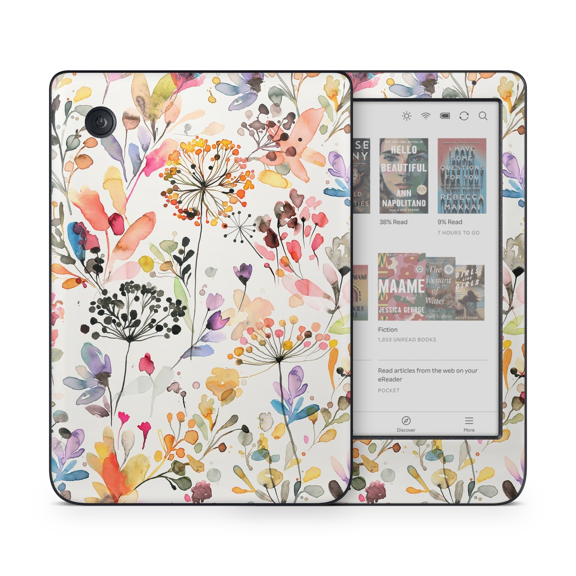 Kobo Clara Colour Skin design of Flower, Petal, Rectangle, Branch, Creative arts, Plant, Line, Art, Painting, Font, with white, pink, red, yellow, orange, green, blue, purple colors
