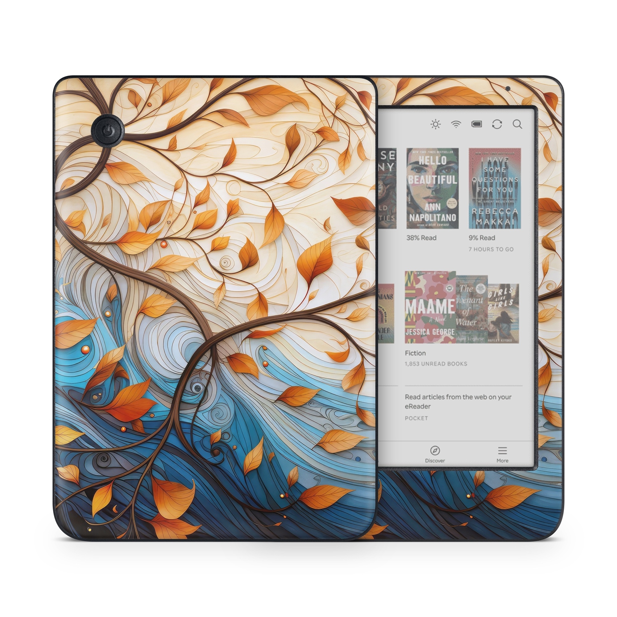 Kobo Clara Colour Skin design of Dishware, Orange, Textile, Sleeve, Serveware, Petal, Pattern, Porcelain, Electric blue, Art, with yellow, orange, red, white, blue, brown colors