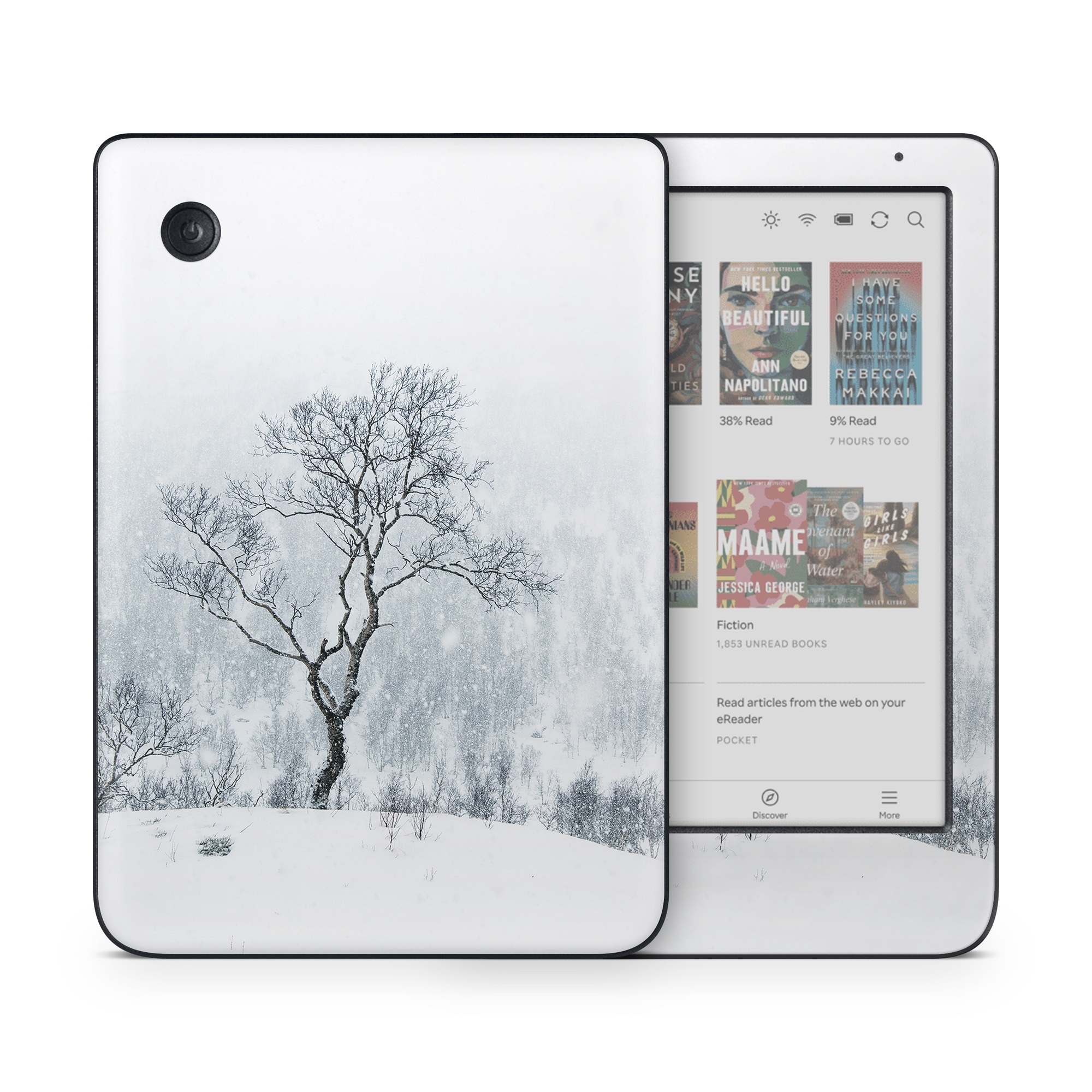 Kobo Clara Colour Skin design of Snow, Winter, Tree, Nature, White, Sky, Atmospheric phenomenon, Natural landscape, Freezing, Blizzard, with white, gray, black colors