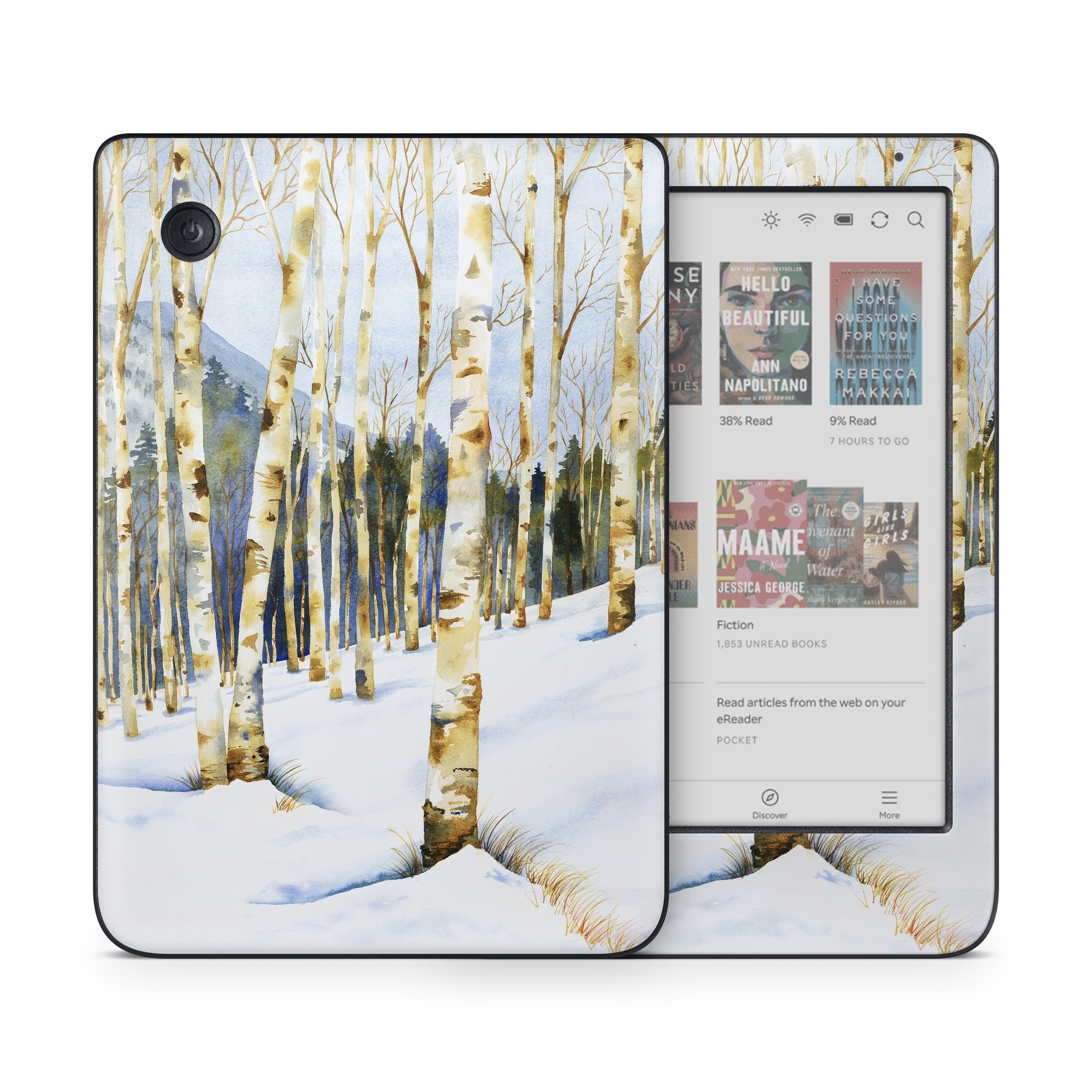 Kobo Clara Colour Skin design of Tree, Snow, Winter, Canoe birch, Nature, Birch, Forest, Natural environment, Freezing, Woody plant, with white, brown, black, gray colors