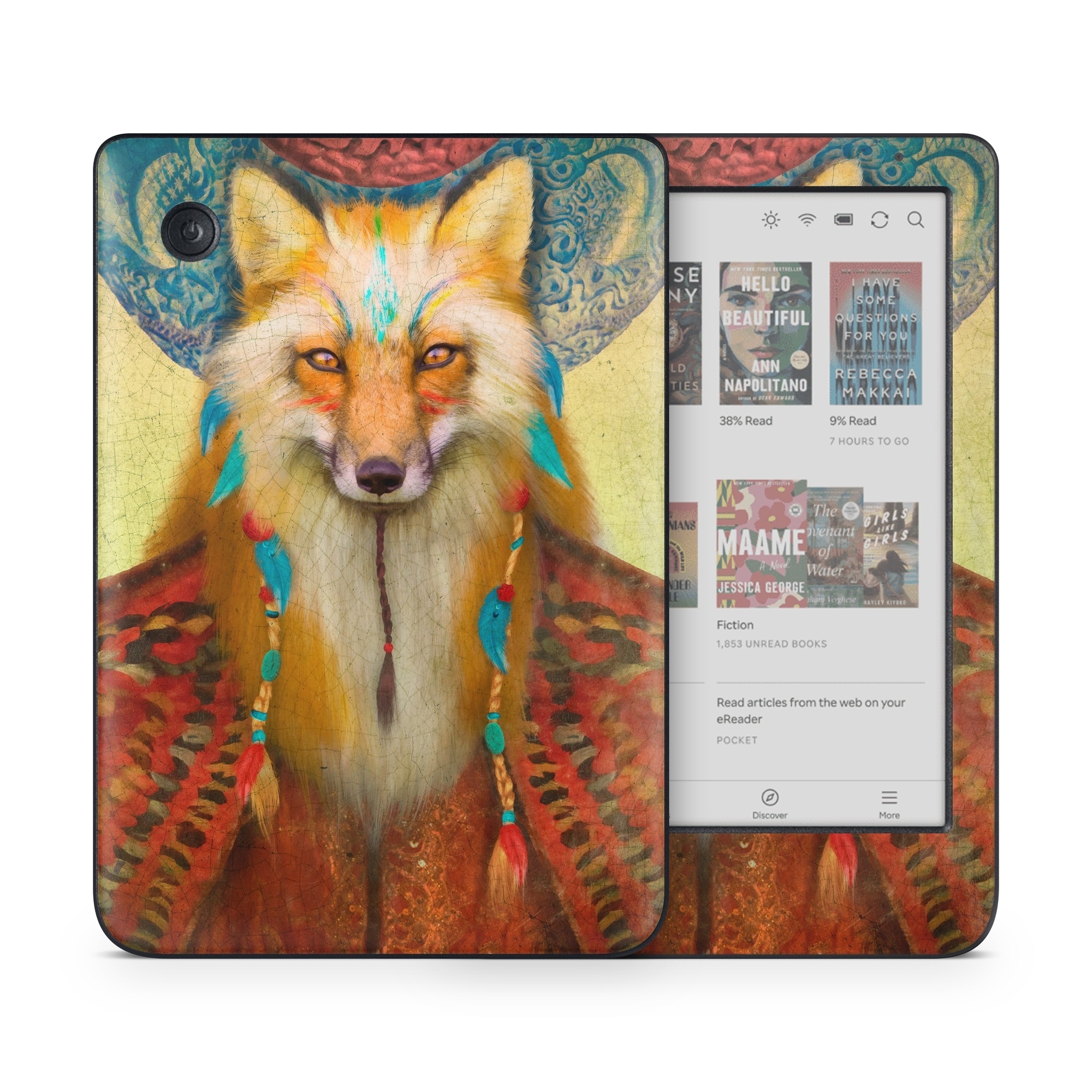 Kobo Clara Colour Skin design of Red fox, Canidae, Fox, Wildlife, Swift fox, Carnivore, Jackal, Fur, Snout, Art, with red, black, gray, green, blue colors