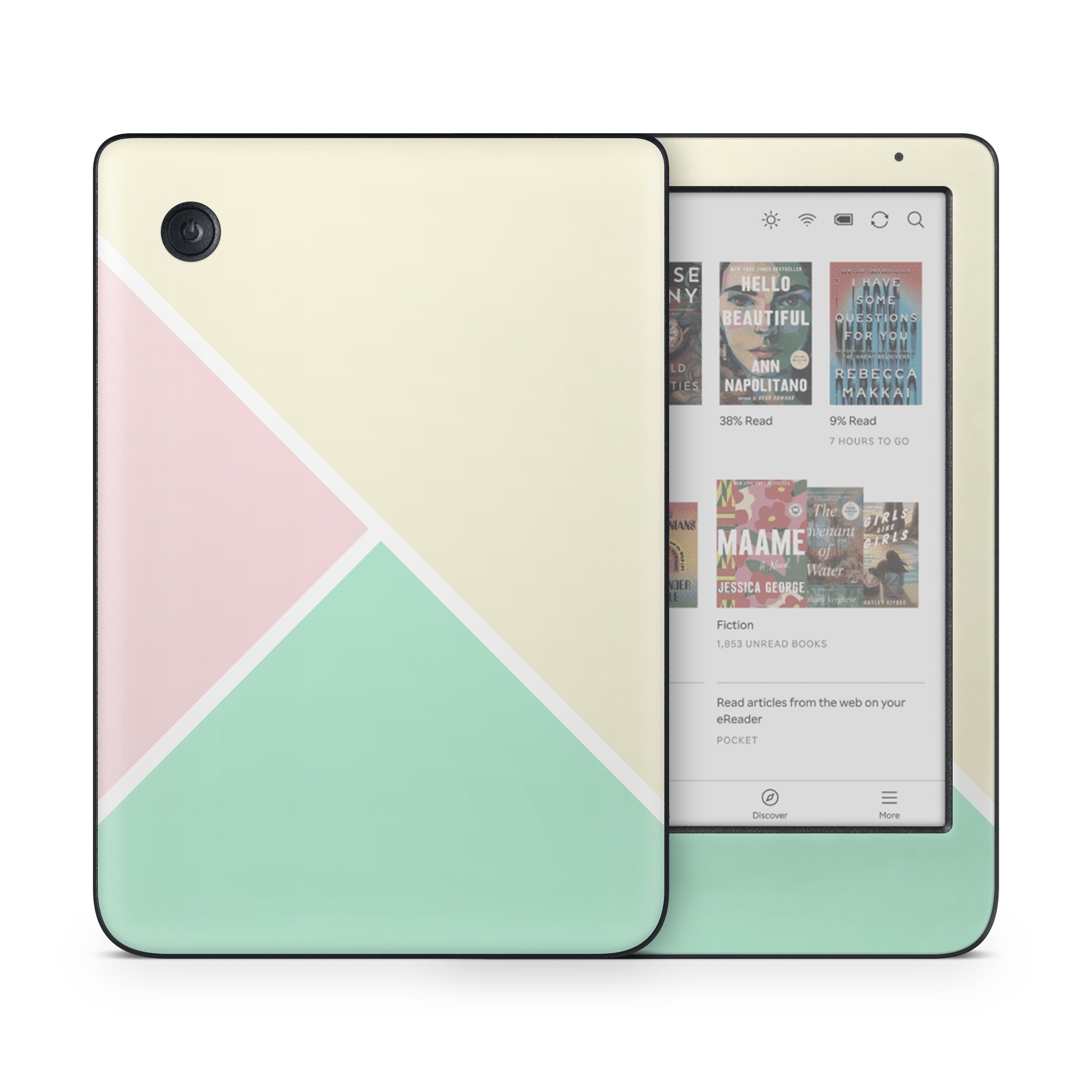 Kobo Clara Colour Skin design of Green, Aqua, Turquoise, Blue, Pink, Yellow, Line, Teal, Pattern, Design, with yellow, pink, green colors