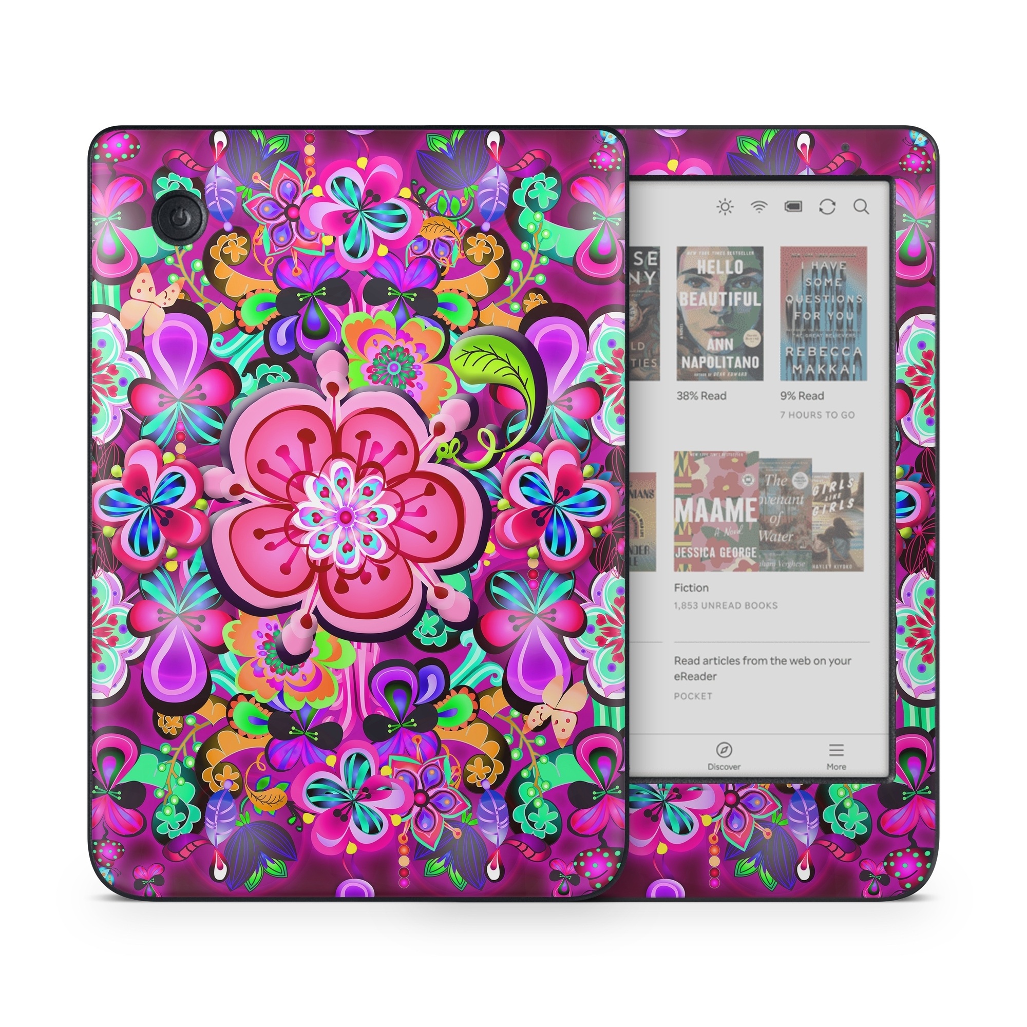 Kobo Clara Colour Skin design of Pattern, Pink, Design, Textile, Magenta, Art, Visual arts, Paisley, with purple, black, red, gray, blue colors