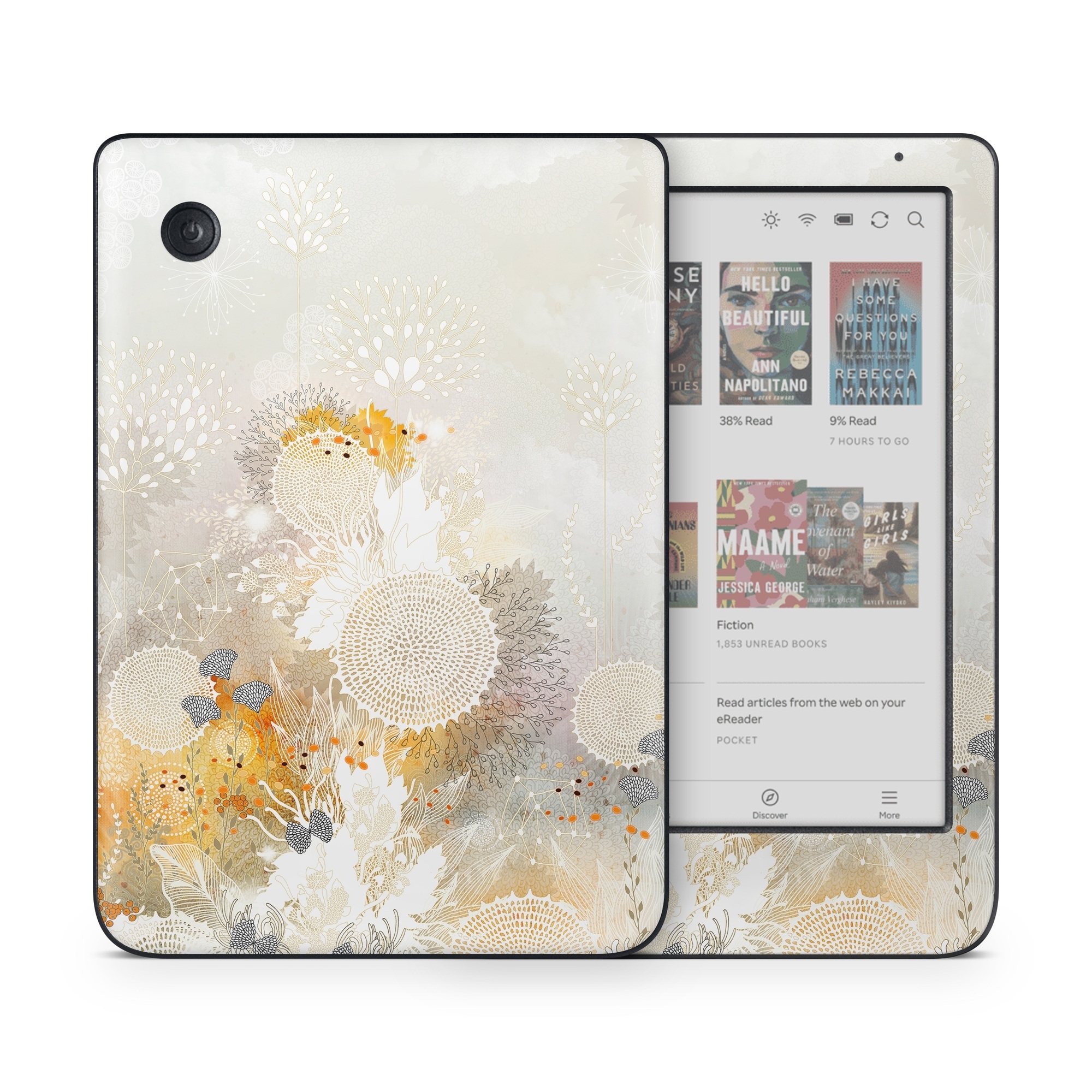 Kobo Clara Colour Skin design of Pattern, Floral design, Flower, Plant, Illustration, camomile, Wildflower, Art, with gray, yellow, pink, white, green colors