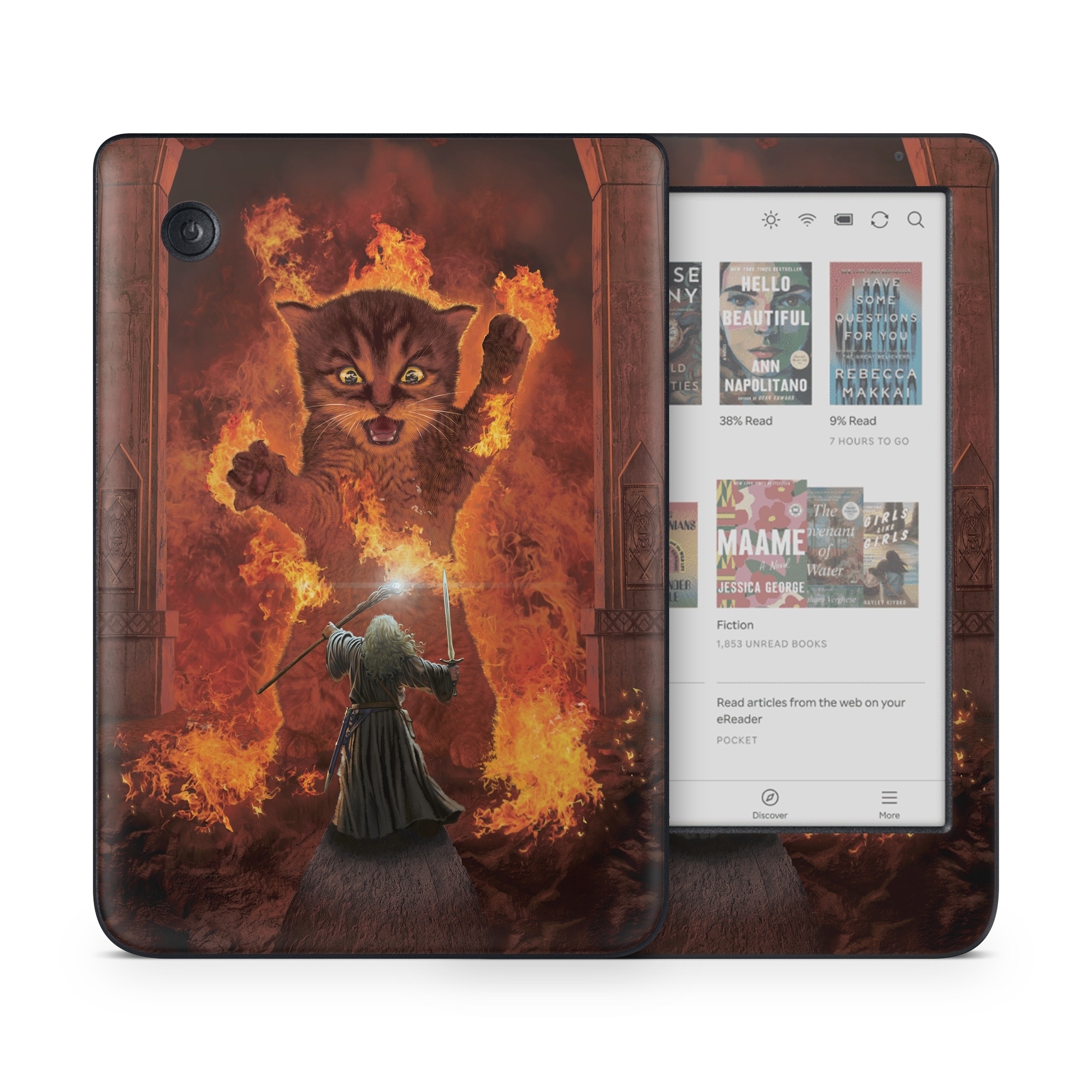 Kobo Clara Colour Skin design of Cartoon, Art, Carnivore, Cg artwork, Felidae, Supernatural creature, Big cats, Heat, Fictional character, Darkness, with black, red, white, gray, yellow colors