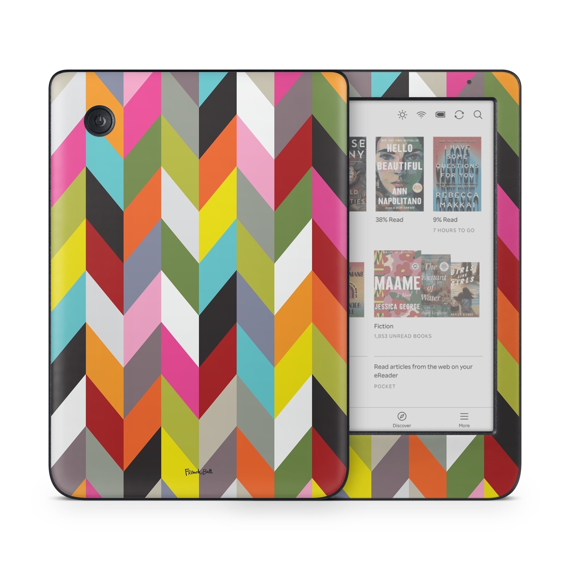 Kobo Clara Colour Skin design of Pattern, Orange, Line, Design, Graphic design, Tints and shades, Triangle, with red, green, gray, black, blue, purple colors