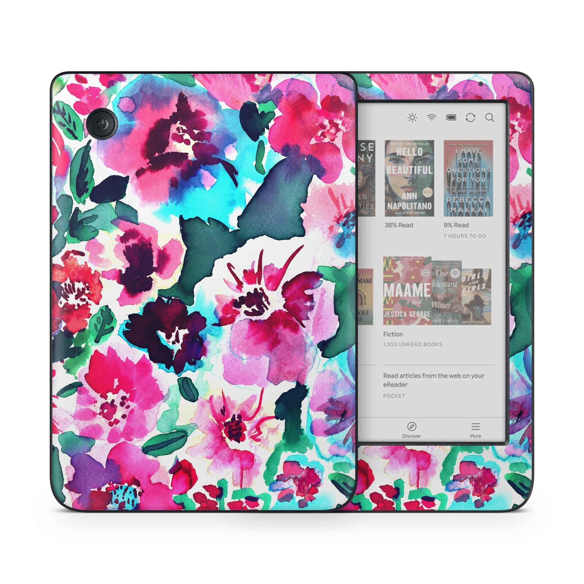 Kobo Clara Colour Skin design of Flower, Pink, Petal, Plant, Pattern, Hawaiian hibiscus, Design, Magenta, Flowering plant, Watercolor paint, with white, pink, blue, green, red colors