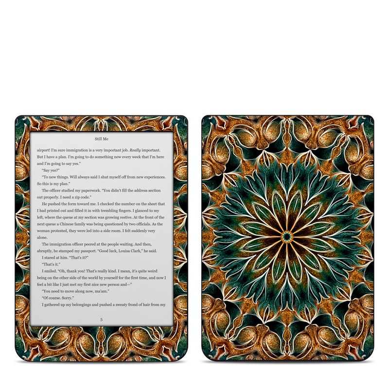 Kobo Clara HD Skin design of Pattern, Symmetry, Textile, Art, Psychedelic art, Tapestry, Design, Visual arts, Kaleidoscope, Motif, with green, orange, yellow, brown, red colors