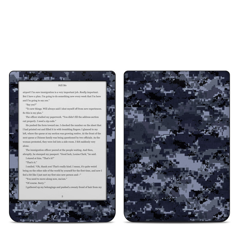 Kobo Clara HD Skin design of Military camouflage, Black, Pattern, Blue, Camouflage, Design, Uniform, Textile, Black-and-white, Space, with black, gray, blue colors