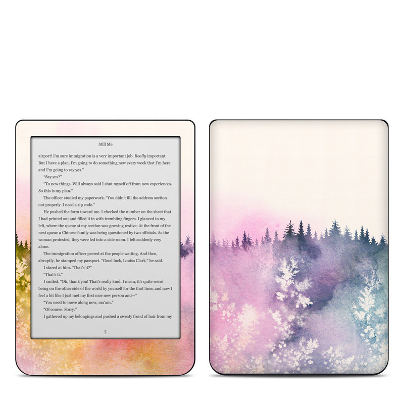 Kobo Clara HD Skin design of Watercolor paint, Sky, Atmospheric phenomenon, Tree, Atmosphere, Cloud, Landscape, Forest, Painting, Illustration, with white, yellow, pink, purple, blue, black colors