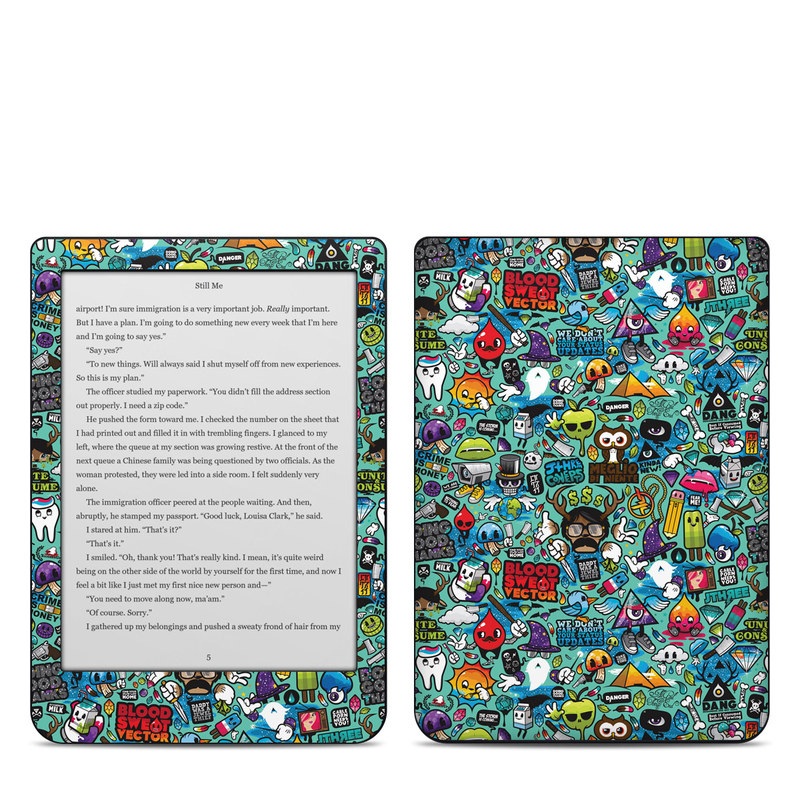 Kobo Clara HD Skin design of Cartoon, Art, Pattern, Design, Illustration, Visual arts, Doodle, Psychedelic art, with black, blue, gray, red, green colors