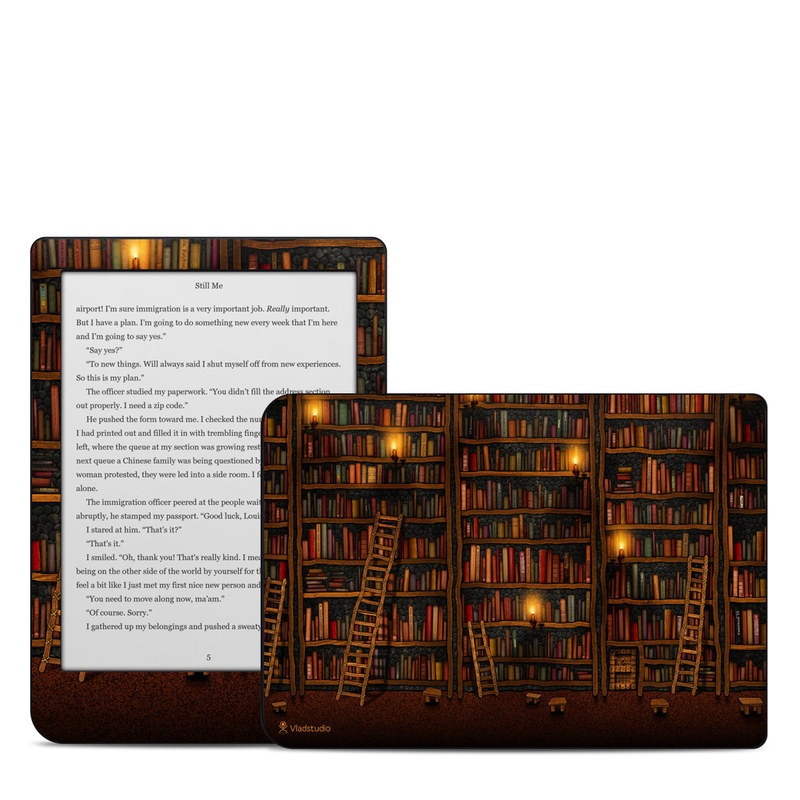 Kobo Clara HD Skin design of Shelving, Library, Bookcase, Shelf, Furniture, Book, Building, Publication, Room, Darkness, with black, red colors