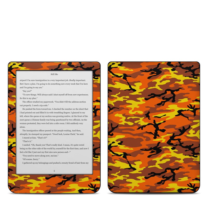 Kobo Clara HD Skin design of Military camouflage, Orange, Pattern, Camouflage, Yellow, Brown, Uniform, Design, Tree, Wildlife, with red, green, black colors