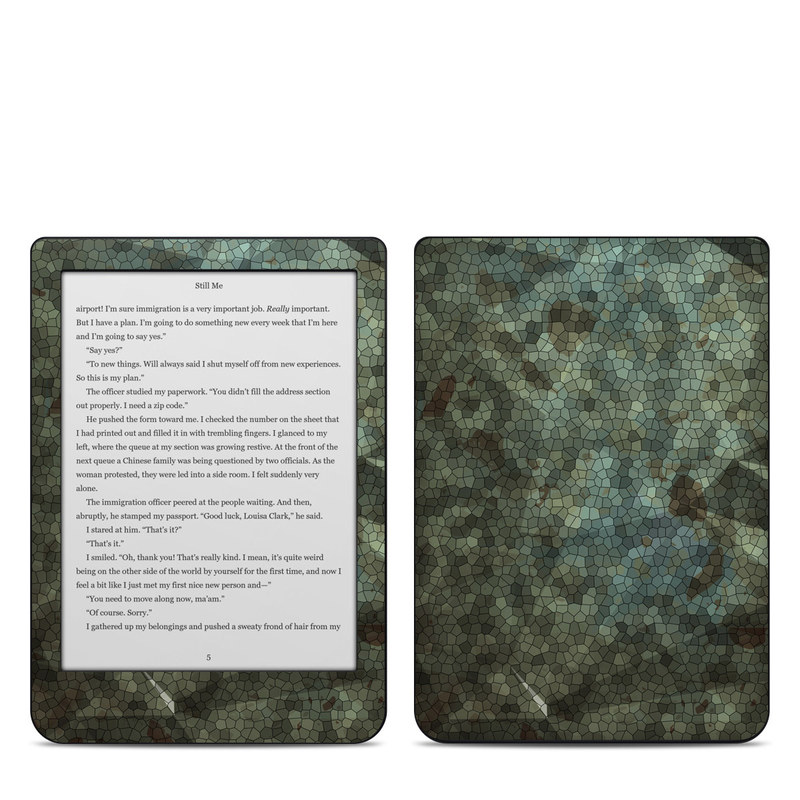 Kobo Clara HD Skin design of Green, Pattern, Brown, Wall, Design, Rock, Geology, Camouflage, Granite, Metal, with black, brown, blue, gray, white colors