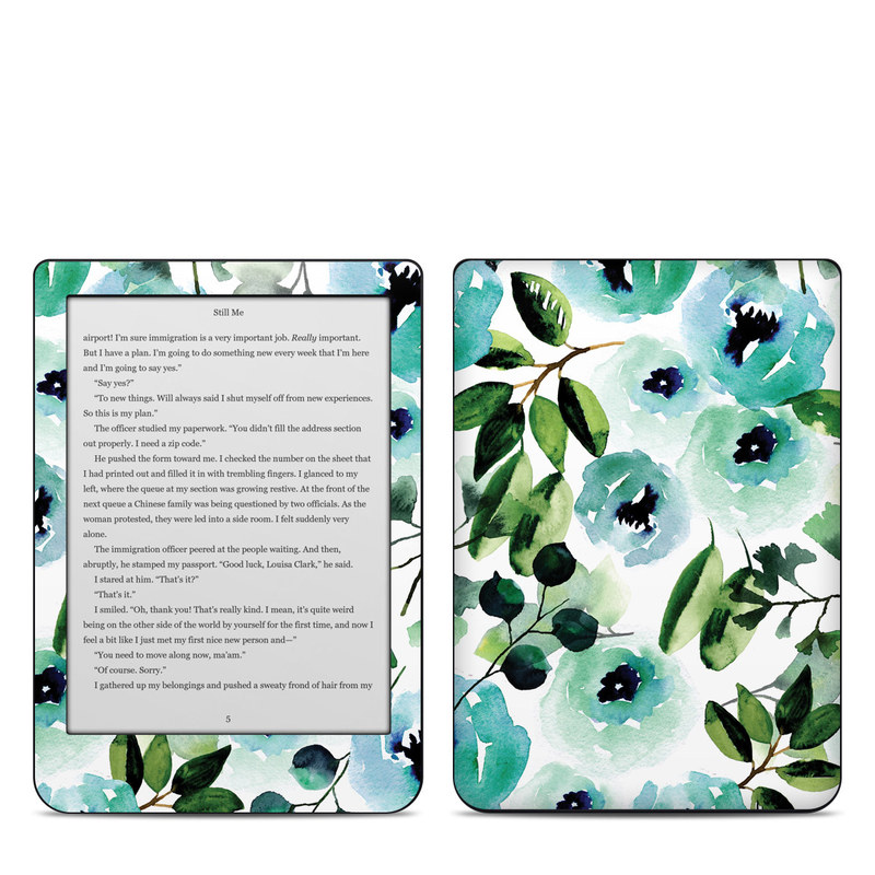 Kobo Clara HD Skin design of Green, Pattern, Leaf, Aqua, Plant, Design, Branch, Organism, Flower, Ivy, with white, green, blue, black colors