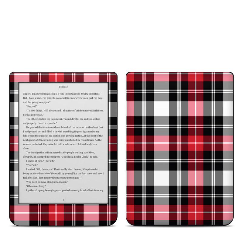 Kobo Clara HD Skin design of Plaid, Tartan, Pattern, Red, Textile, Design, Line, Pink, Magenta, Square, with black, gray, pink, red, white colors
