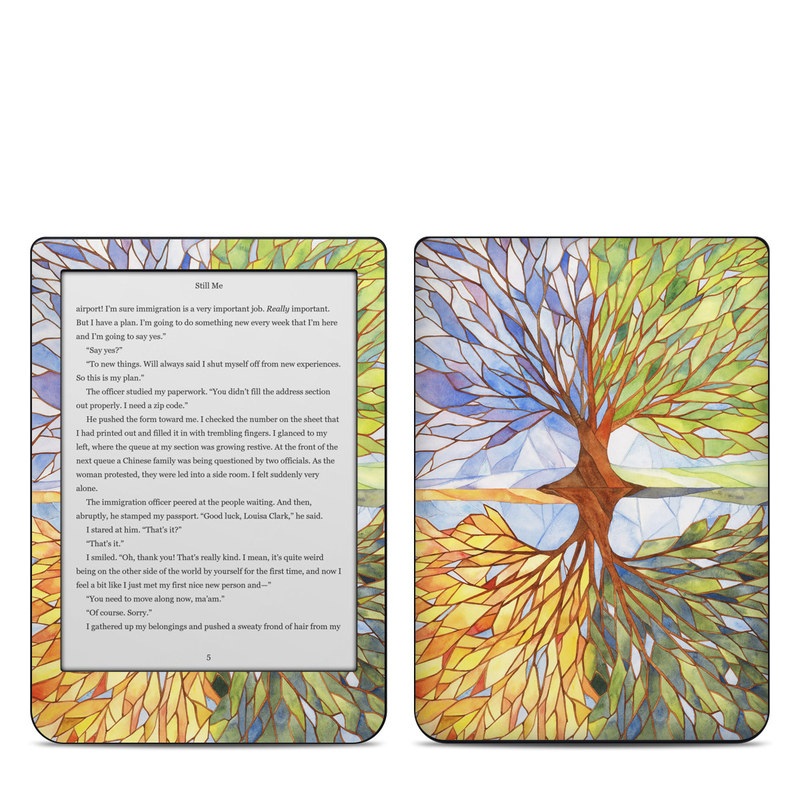 Kobo Clara HD Skin design of Leaf, Tree, Botany, Plant, Symmetry, Art, Pattern, Painting, Plant stem, Plane, with blue, brown, orange, yellow, red, purple colors