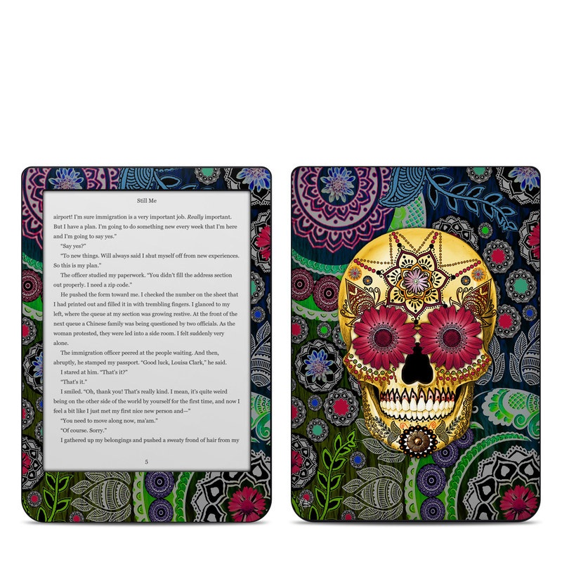 Kobo Clara HD Skin design of Skull, Bone, Pattern, Psychedelic art, Visual arts, Design, Illustration, Art, Textile, Plant, with black, red, gray, green, blue colors